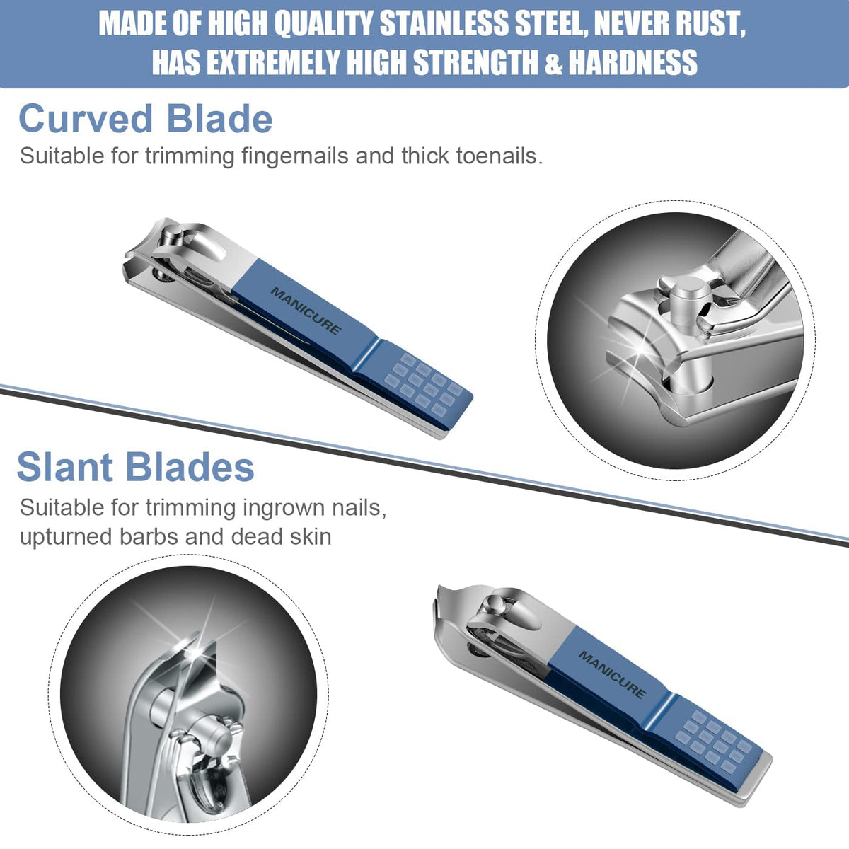 TERRIFI Manicure Set, Professional Nail Clippers Pedicure Kit, Stainless Steel Nail Care Tools, Grooming Kit with Luxurious Travel Leather Case for Thick Nails Men Women Gift (16PCS, Blue)