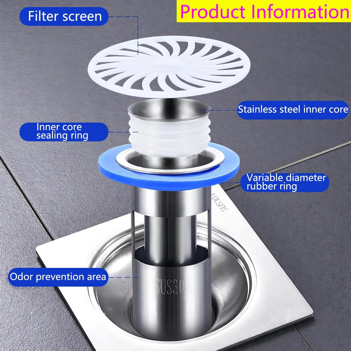 TERRIFI 304 Stainless Steel Odor Proof Floor Drain Core, Sewer Anti-Odor Cover Sealing Ring, Floor Drain Backflow Preventer, Suitable for Kitchen Bathroom(32mm)