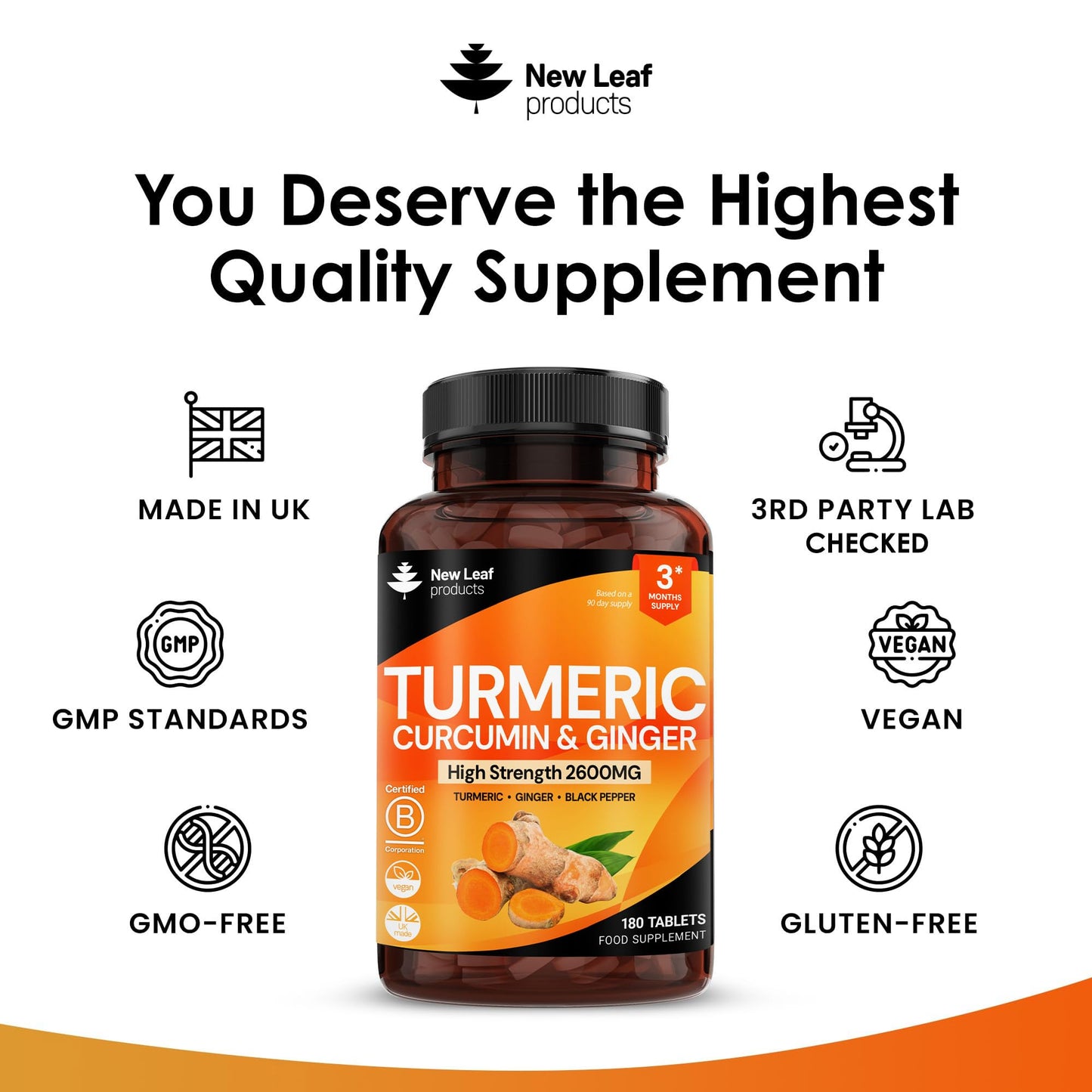 Turmeric Tablets with Black Pepper & Ginger - Curcumin - 180 Turmeric and Black Pepper Tablets (3 Month) High Strength Active Turmeric Supplements Not Capsules, by New Leaf - Medaid International