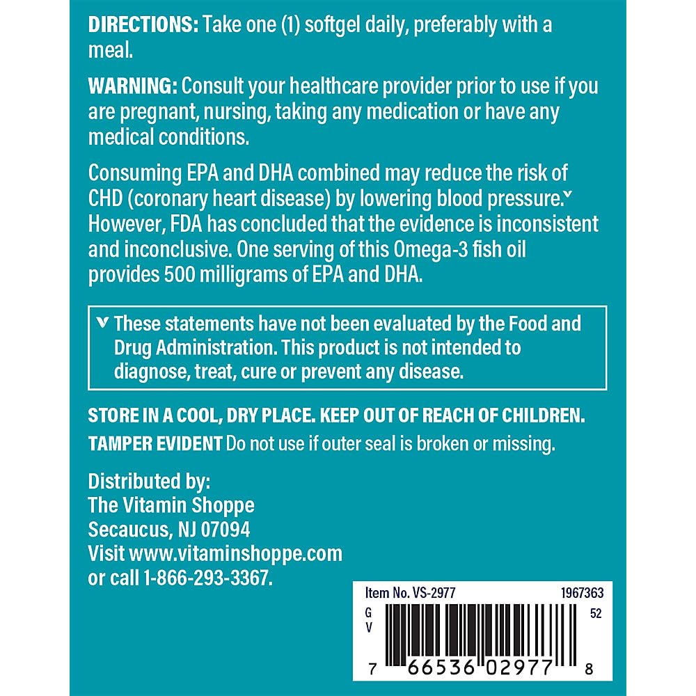 The Vitamin Shoppe Omega 3 Fish Oil, EPA & DHA 500mg, Purity Assured, Molecularly Distilled to Support Cardiovascular, Joint and Brain Health 1000mg (240 Softgels) - Medaid International