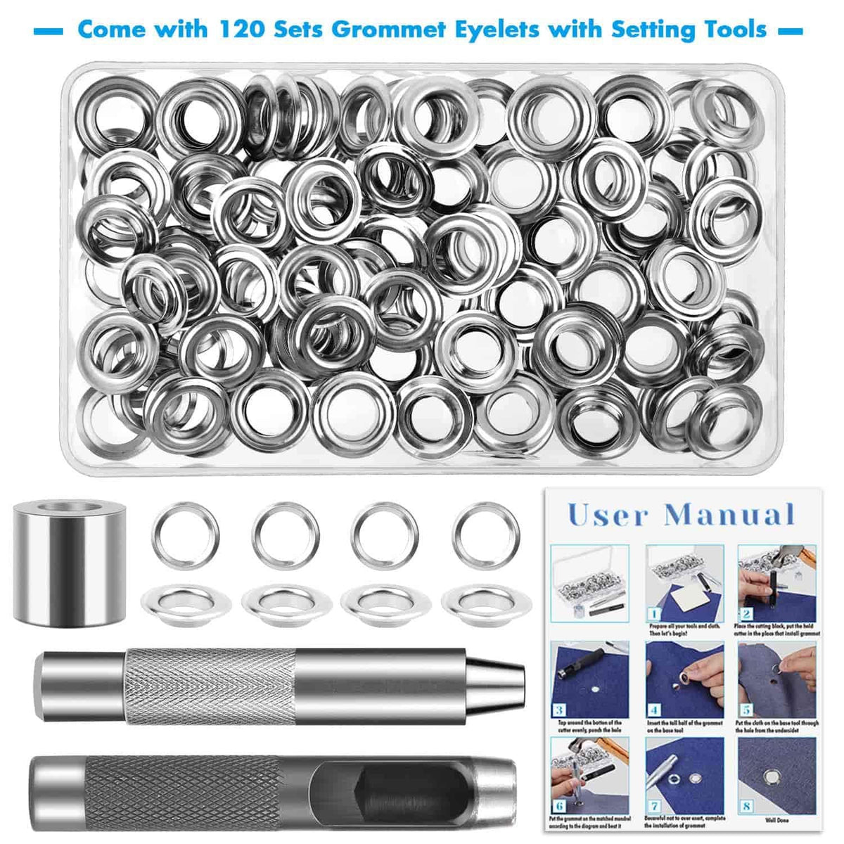 KASTWAVE 120 Sets Grommet Tool Kit 1/2 Inch, Grommet Eyelets Kit with Setting Tools and Storage Box, Suitable for Leather, Belt, Shoes, Crafts, Fabric, Tarps, Curtains
