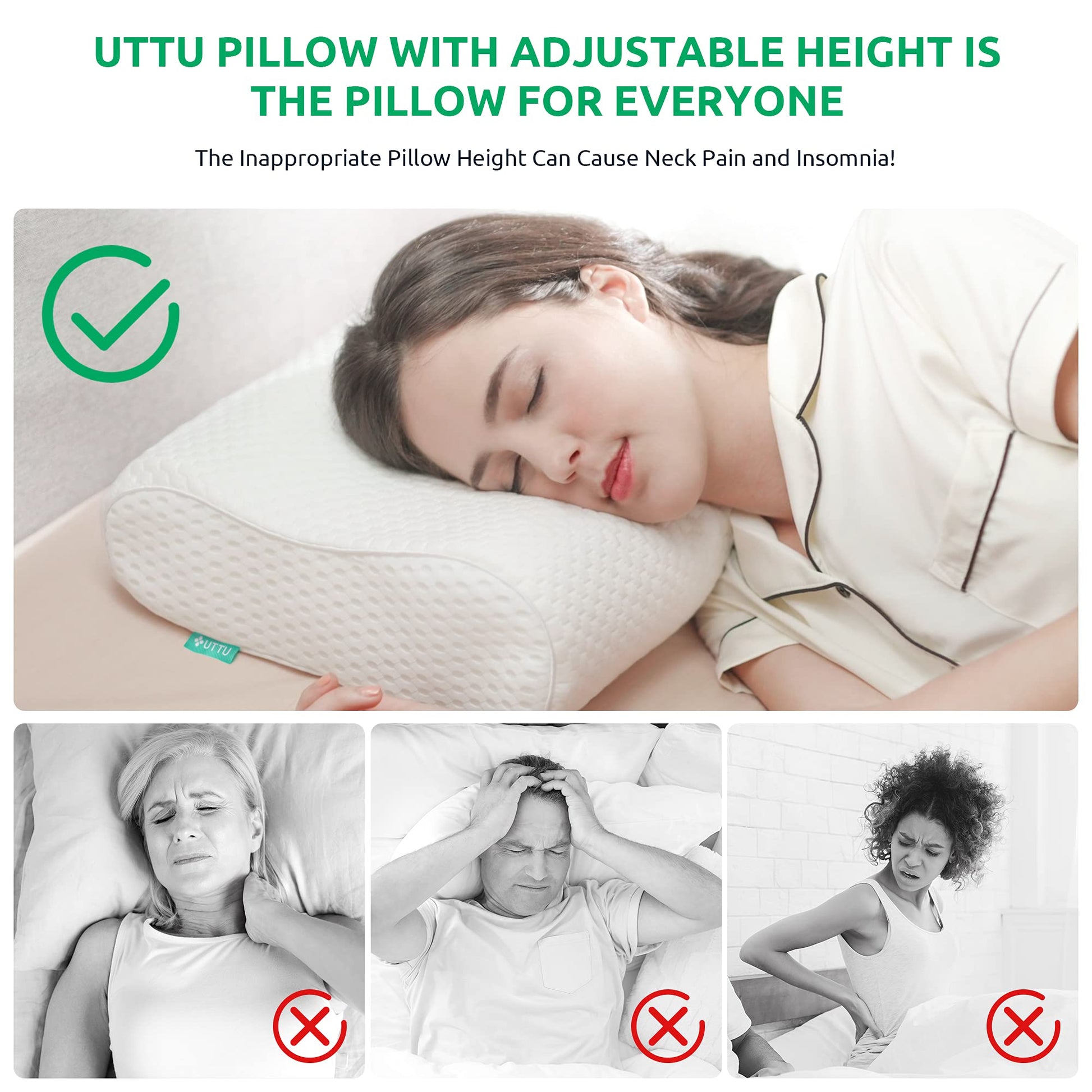UTTU Cervical Pillow for Neck Strain Relief, Memory Foam Neck Pillow for Sleeping, Adjustable Orthopedic Sandwich Pillow, Contour Cooling for Side Back Stomach Sleeper, Travel(15.7"×11"×5.2"/4.5") - Medaid International