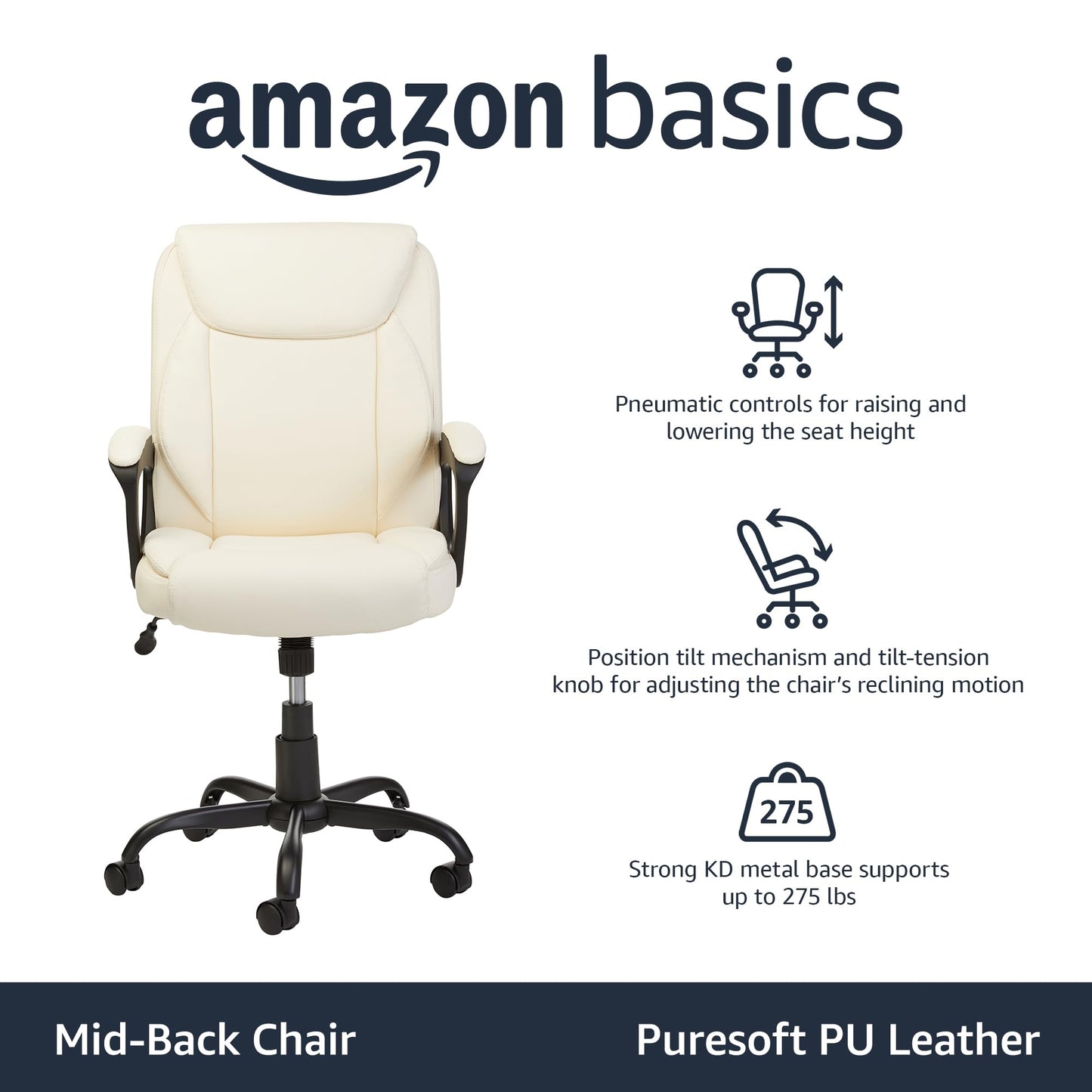 Amazon Basics Classic Puresoft PU Padded Mid-Back Height Adjustable Office Computer Desk Chair with Armrest, 26"D x 23.75"W x 42"H, Cream - Medaid International