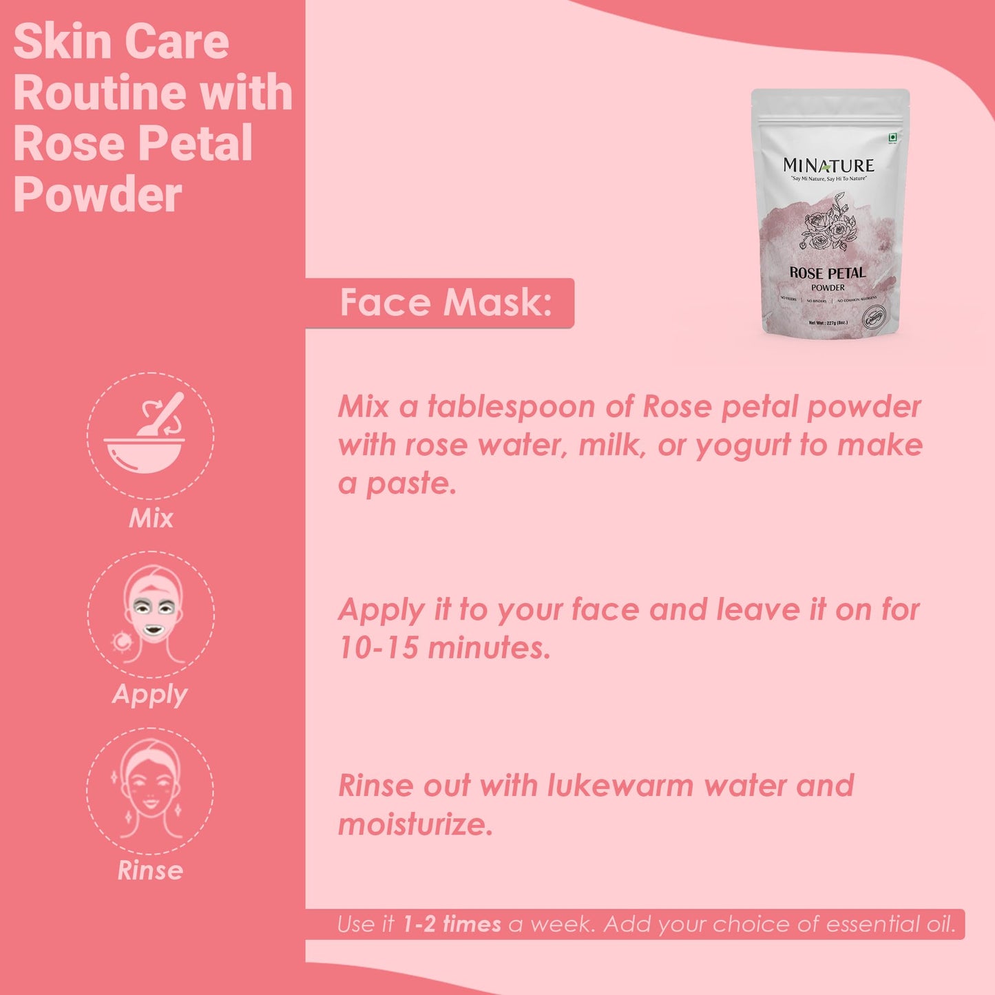 Rose petal powder by mi nature | 227 g (8 oz) (0.5 lb) | 100% Natural and Pure | Skin care | Chemical free | No added colours, no preservatives - Medaid International