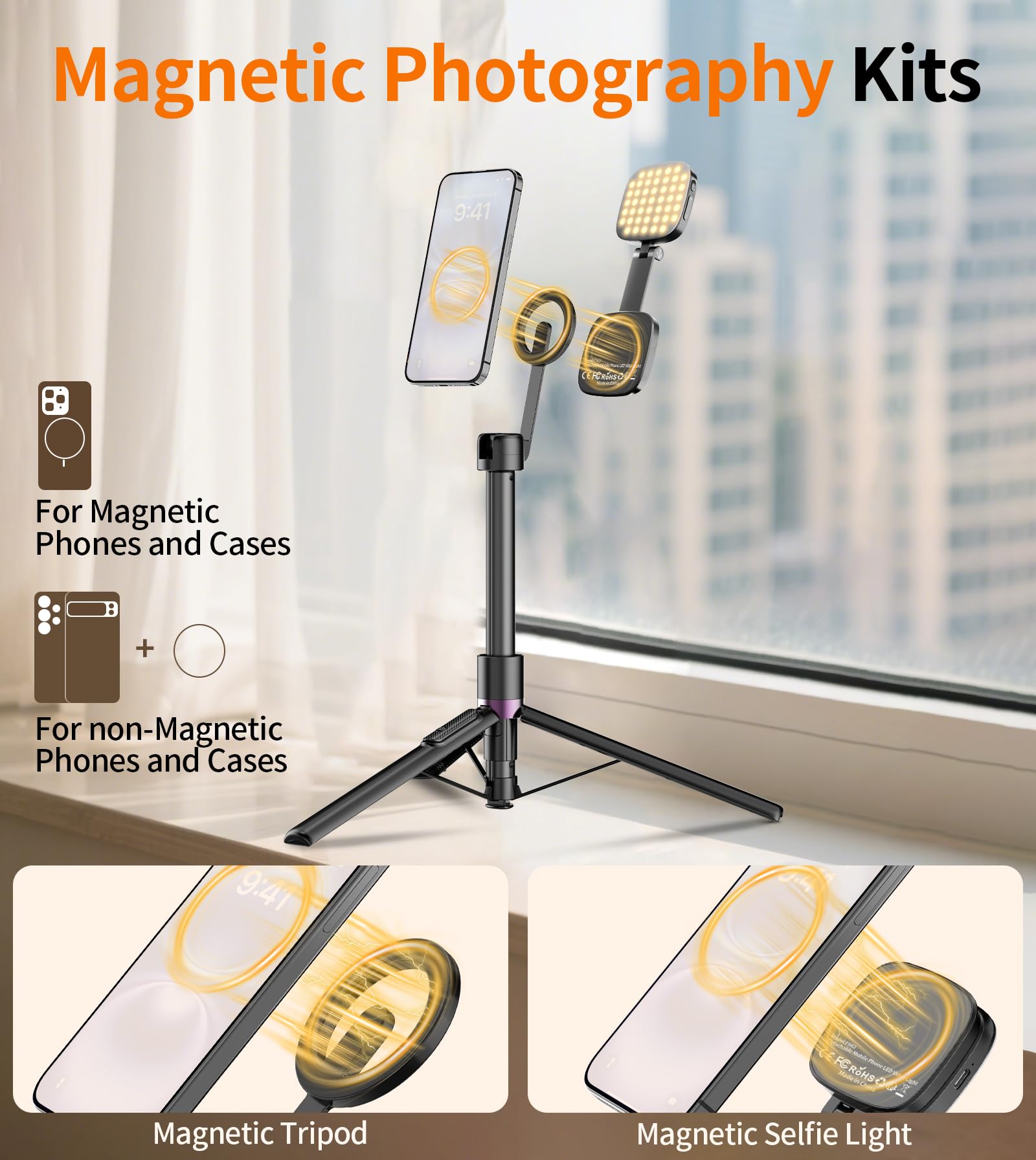 TONEOF 173cm Magnetic Mobile Phone Tripie with Light, 360° Rotating Selfie Stick Tripod, Mobile Phone Tripod with Metal Ring and Remote Control, Video Kit Compatible with iPhone and Android - Medaid International
