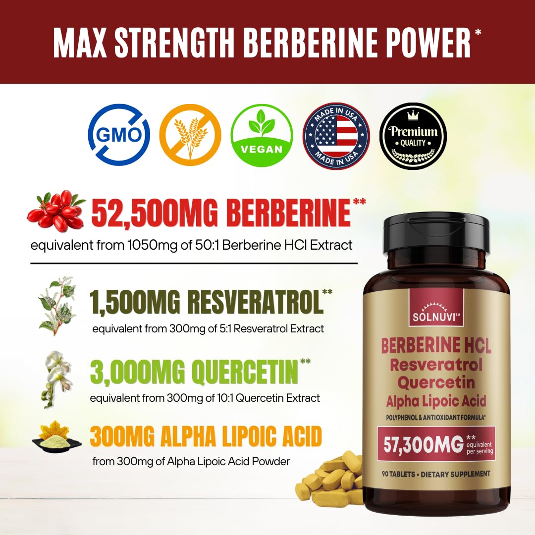 Premium Berberine Supplement with Resveratrol Quercetin Alpha Lipoic Acid - 50:1 Berberine HCl Complex Potent Antioxidants, Polyphenols, Vitality Boost - 90 Vegan Tablets, Non-GMO, Gluten-Free - Medaid International