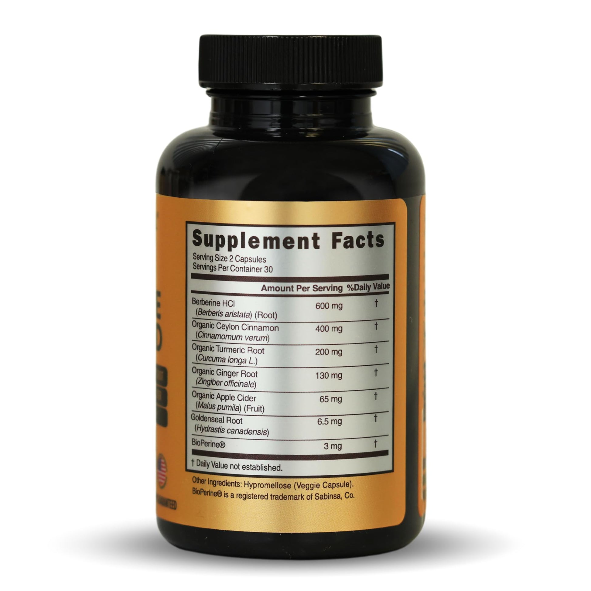 PRIME NATURAL Berberine HCl 600mg Organic Ceylon Cinnamon 400mg Organic Turmeric 200mg Organic Ginger 130mg Organic Apple Cider Vinegar 65mg Goldenseal Root 6.5mg Bioperine 3mg | 60 Capsules - Medaid International