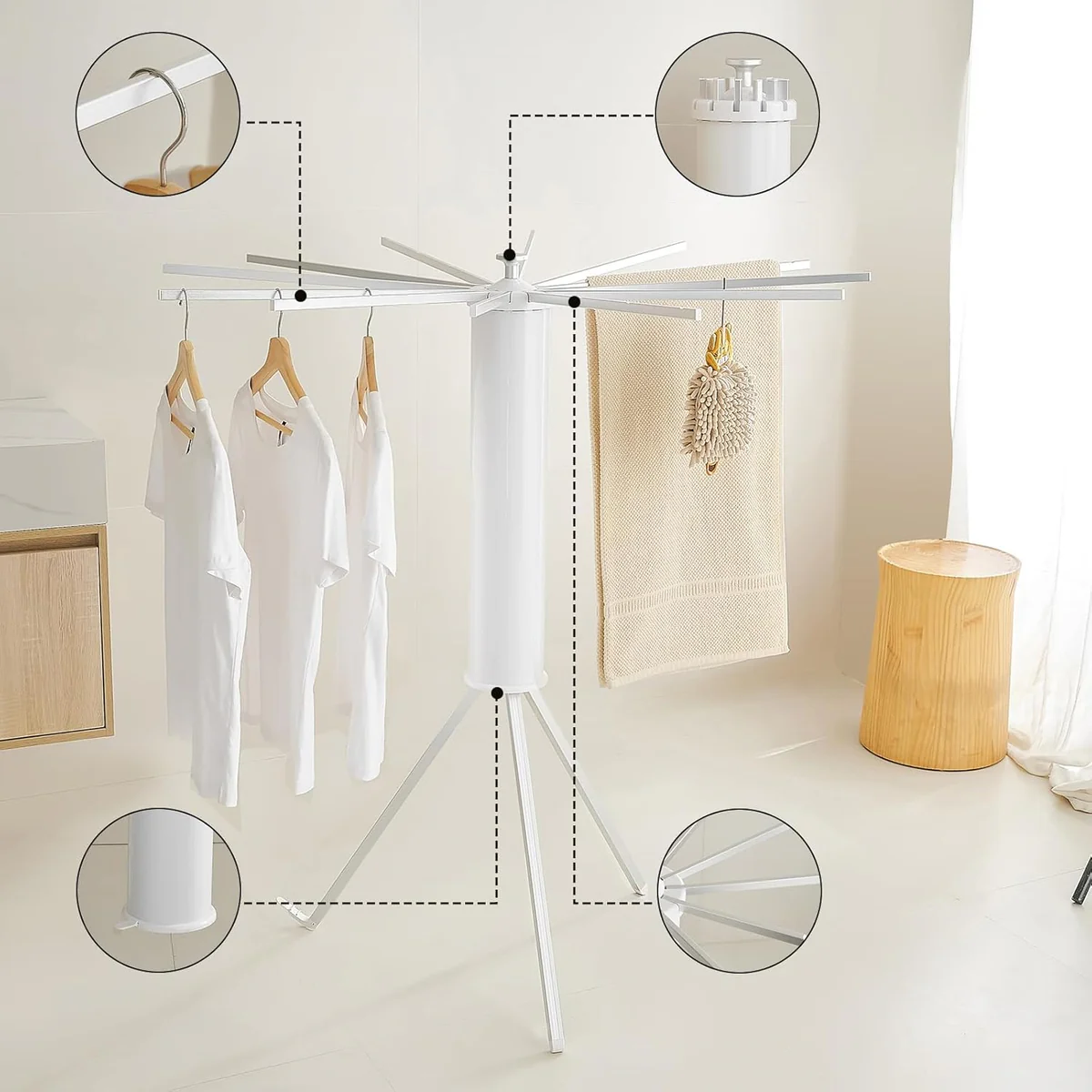 Folding Tripod Clothes Airer – Compact Drying Rack with 16 Rotating Arms, Aluminum, Indoor/Outdoor Use - Medaid International
