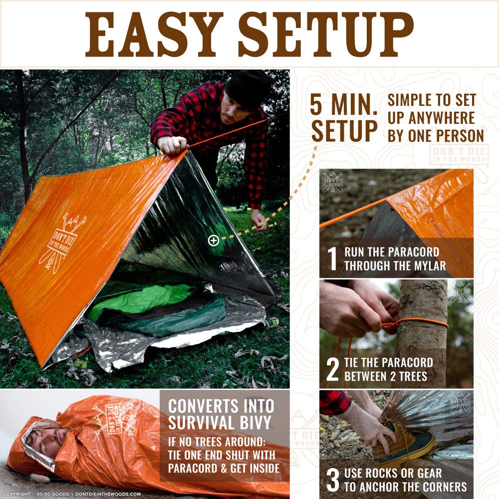Don't Die In The Woods - Survival Tent - Made with Extra-Thick Space Blanket Thermal Mylar - Emergency Shelter Tube Tent - One of The 10 Essentials for Hiking, Camping, First Aid Kits (Camo)