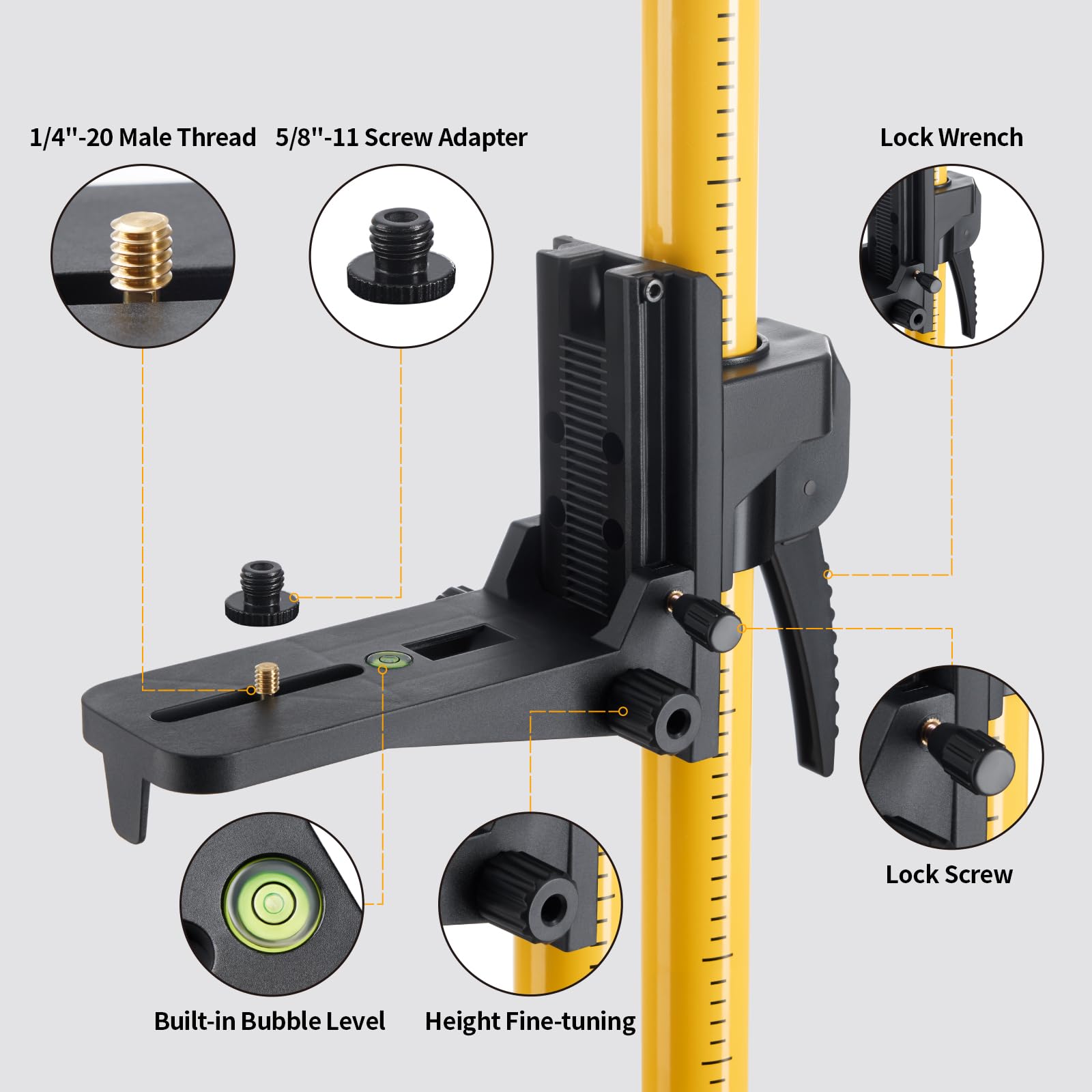 Firecore 12 Ft./3.7M Professional Laser Level Pole with Tripod and 1/4-Inch by 20-Inch Laser Mount for Rotary and Line Lasers, Adjustable Telescoping Laser Pole with 5/8"-11 Threaded Adapter-FLP370C - Medaid International