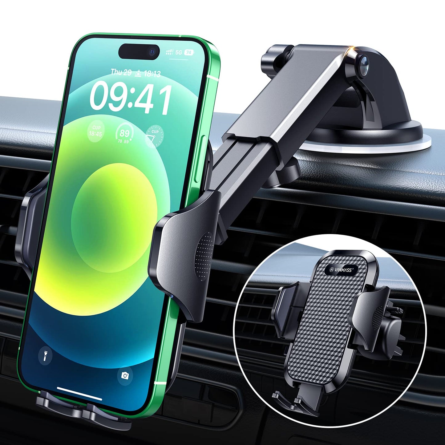 VANMASS Car Phone Holder 2025 Military-Grade Phone Holder for Your Car Windshield Dashboard【 65 Lbs Strongest Suction】【Patent & Safety Certs】 Universal Cell Phone Car Mount for iPhone Samsung Android - Medaid International