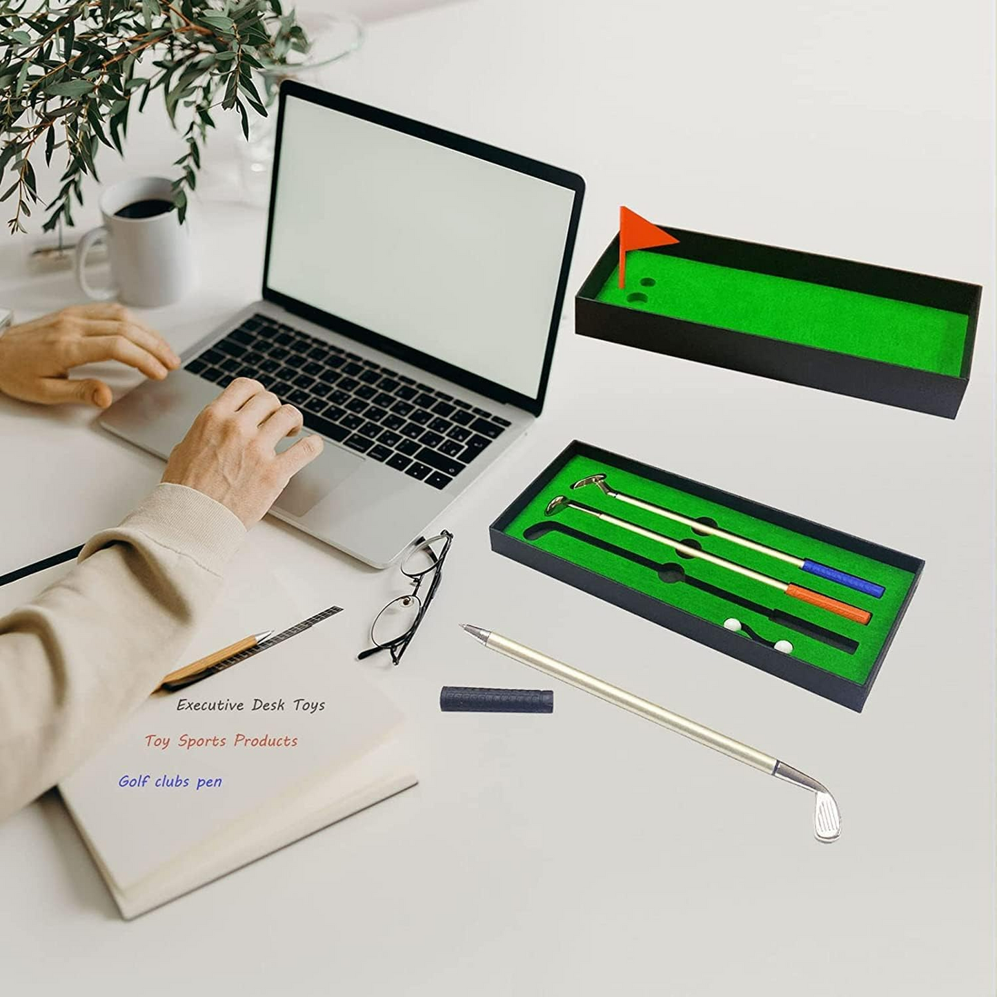 Golf Pen, Mini Golf Gift Set, Desktop Golf Ball Pen Gift, 3 Golf Clubs Pens with Balls and Flag - Medaid International
