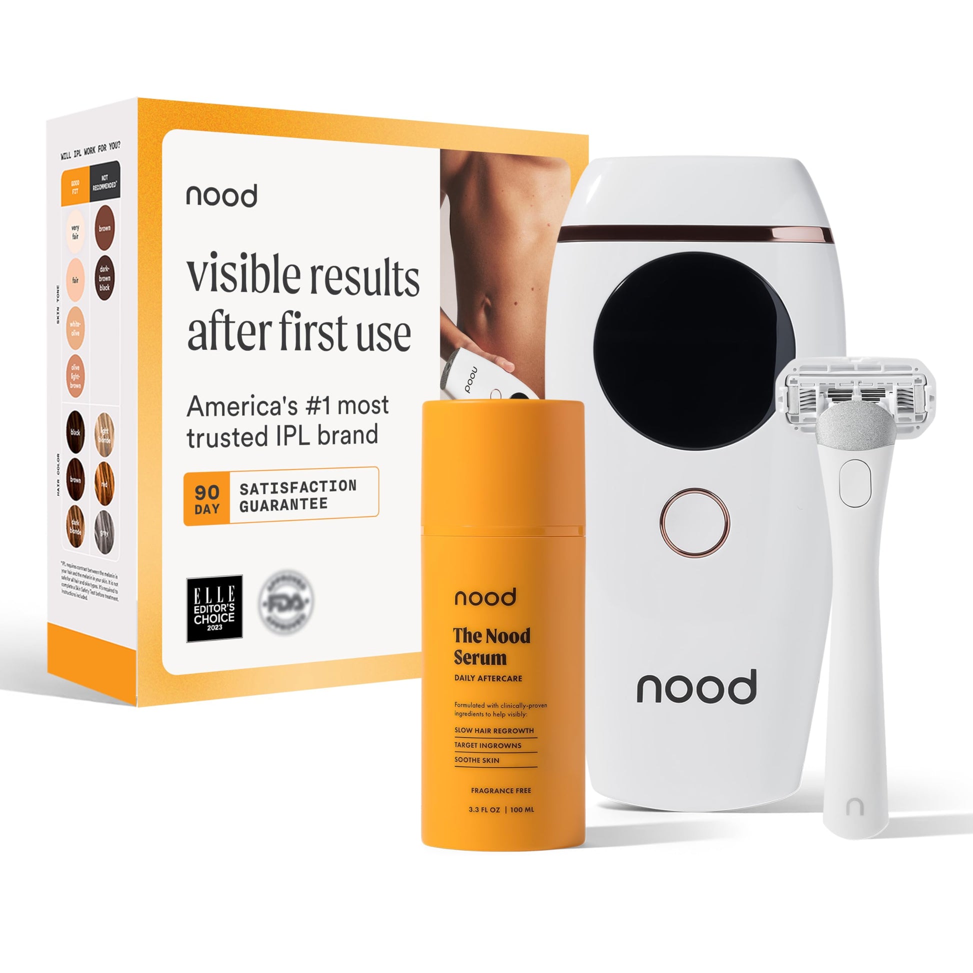NEW Nood™ Flasher 2.0 + Serum + Shaving Starter Kit — IPL Laser Hair Removal Device for Women & Men with Refillable 5-Blade Razors & After Shave to Prevent Ingrowns & Slow Hair Regrowth — Gloss White - Medaid International