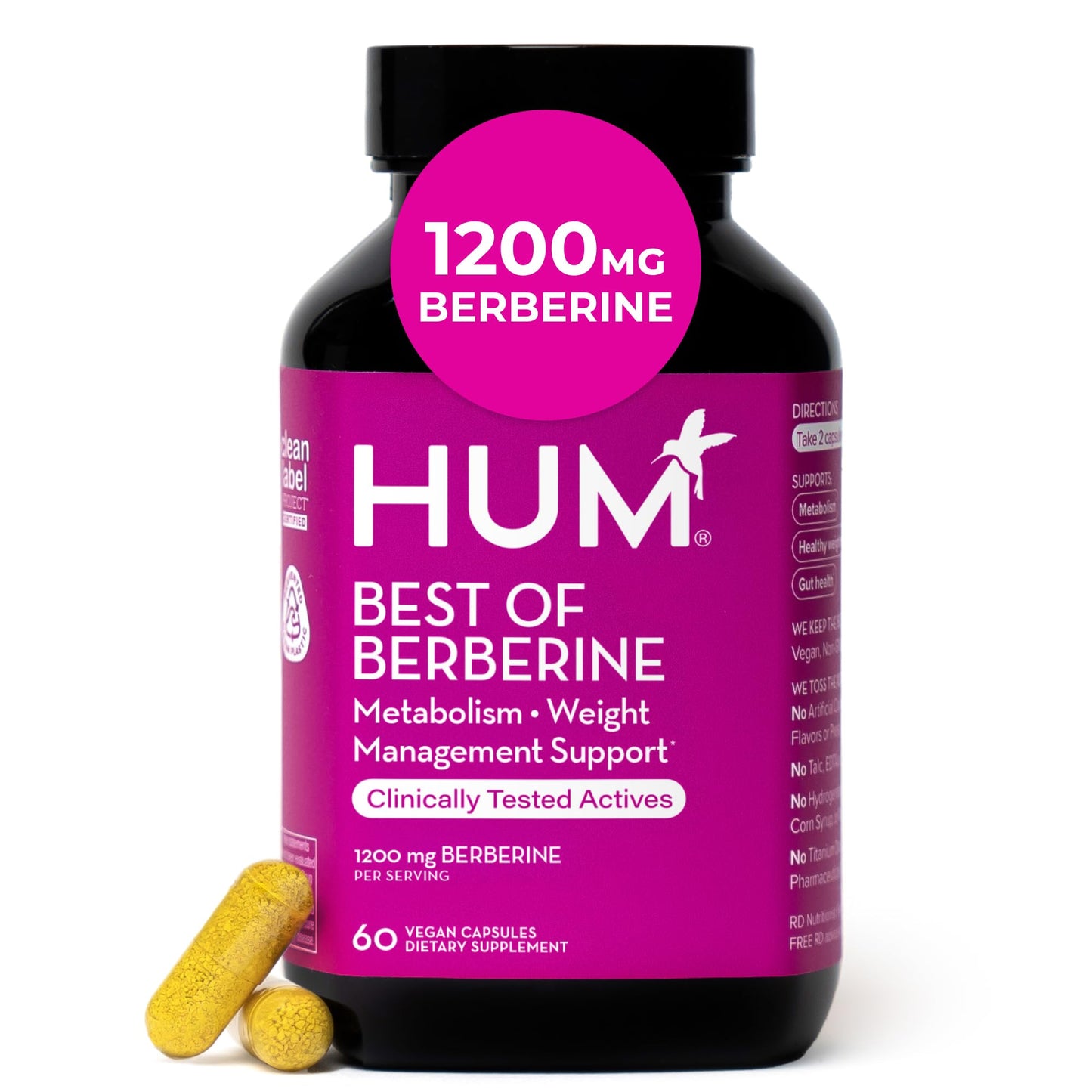 HUM Best of Berberine Supplement 1200mg, Pure Potency for Metabolic Wellness, Gut Health, Pure Berberine Supplements Enhanced with BioPerine for Maximum Absorption, 60 Capsules - Medaid International