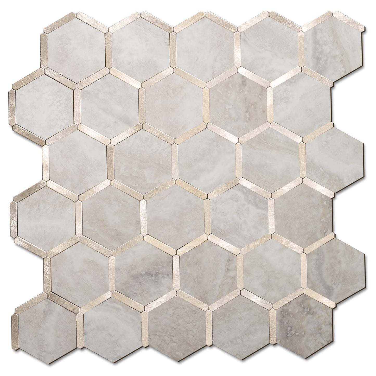 STICKGOO Hexagon Peel and Stick Backsplash Tile, Stick on Backsplash for Kitchen and Bathroom, Beige Marble Look PVC Mixed Metal Gold Self Adhesive Wall Tiles(Sample, Seamless) - Medaid International
