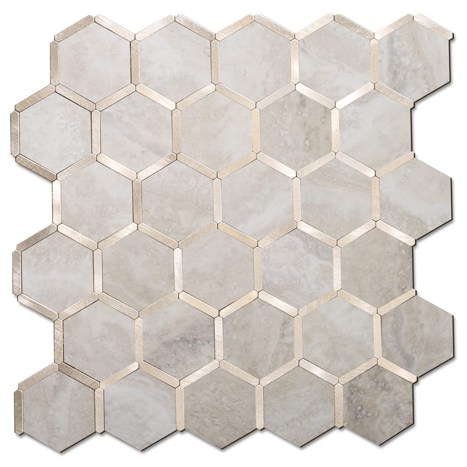 STICKGOO Hexagon Peel and Stick Backsplash Tile, Stick on Backsplash for Kitchen and Bathroom, Beige Marble Look PVC Mixed Metal Gold Self Adhesive Wall Tiles(Sample, Seamless) - Medaid International
