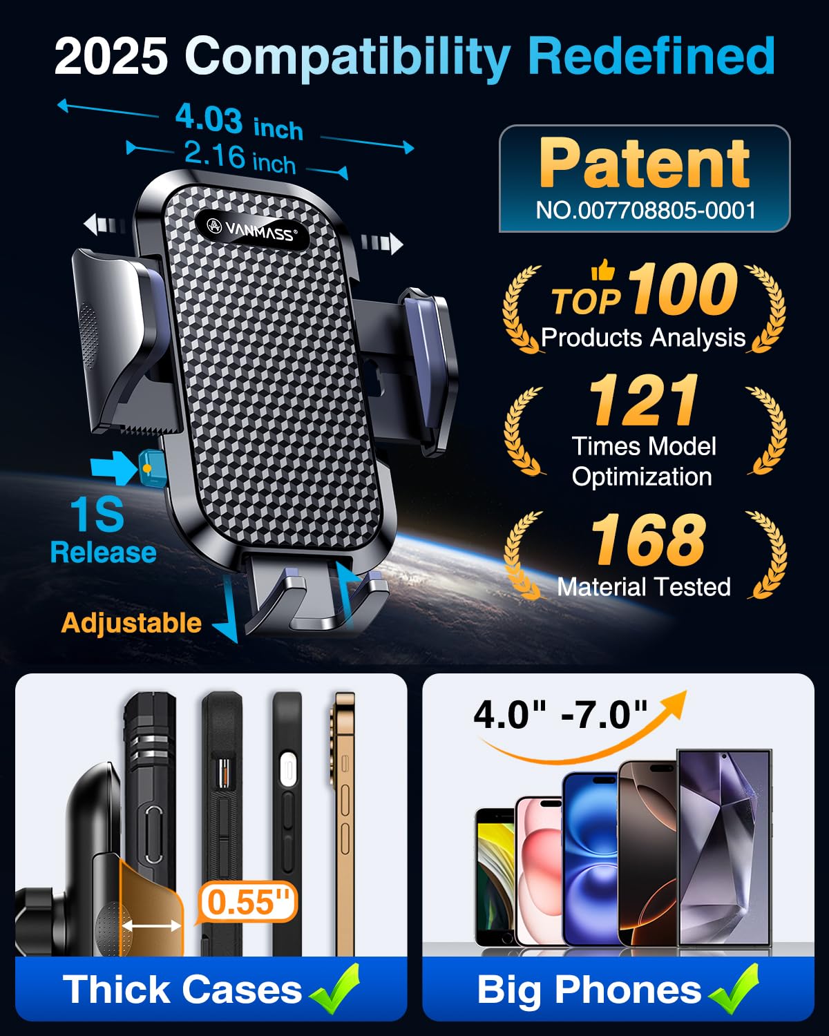 VANMASS Car Phone Holder 2025 Military-Grade Phone Holder for Your Car Windshield Dashboard【 65 Lbs Strongest Suction】【Patent & Safety Certs】 Universal Cell Phone Car Mount for iPhone Samsung Android - Medaid International
