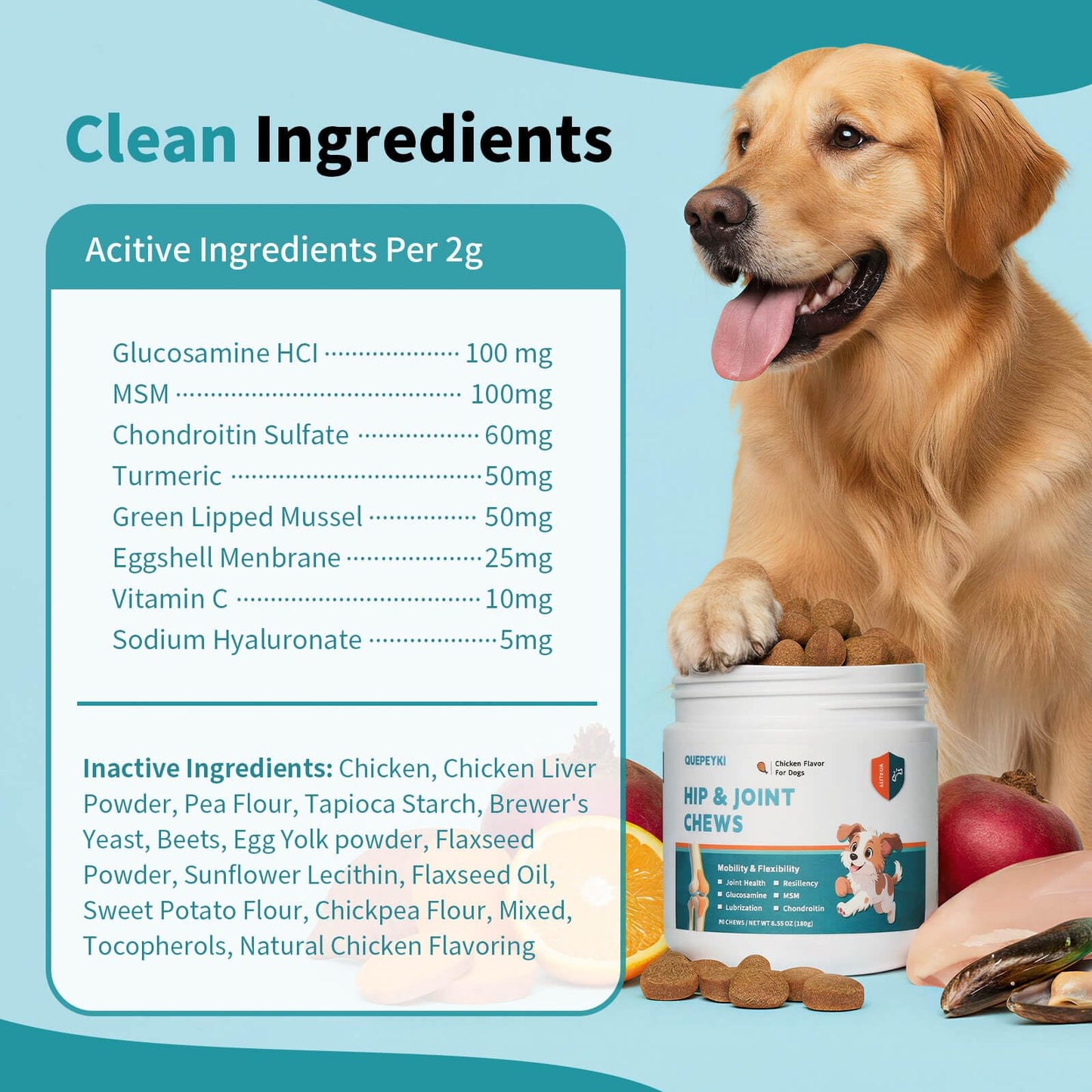 QUEPEYKI Glucosamine Chondroitin MSM for Dogs – Hip and Joint Soft Chews with Green Lipped Mussel, Eggshell Membrane & Hyaluronic Acid – Senior Dog Mobility Support – Real Chicken Flavor, 90 Count
