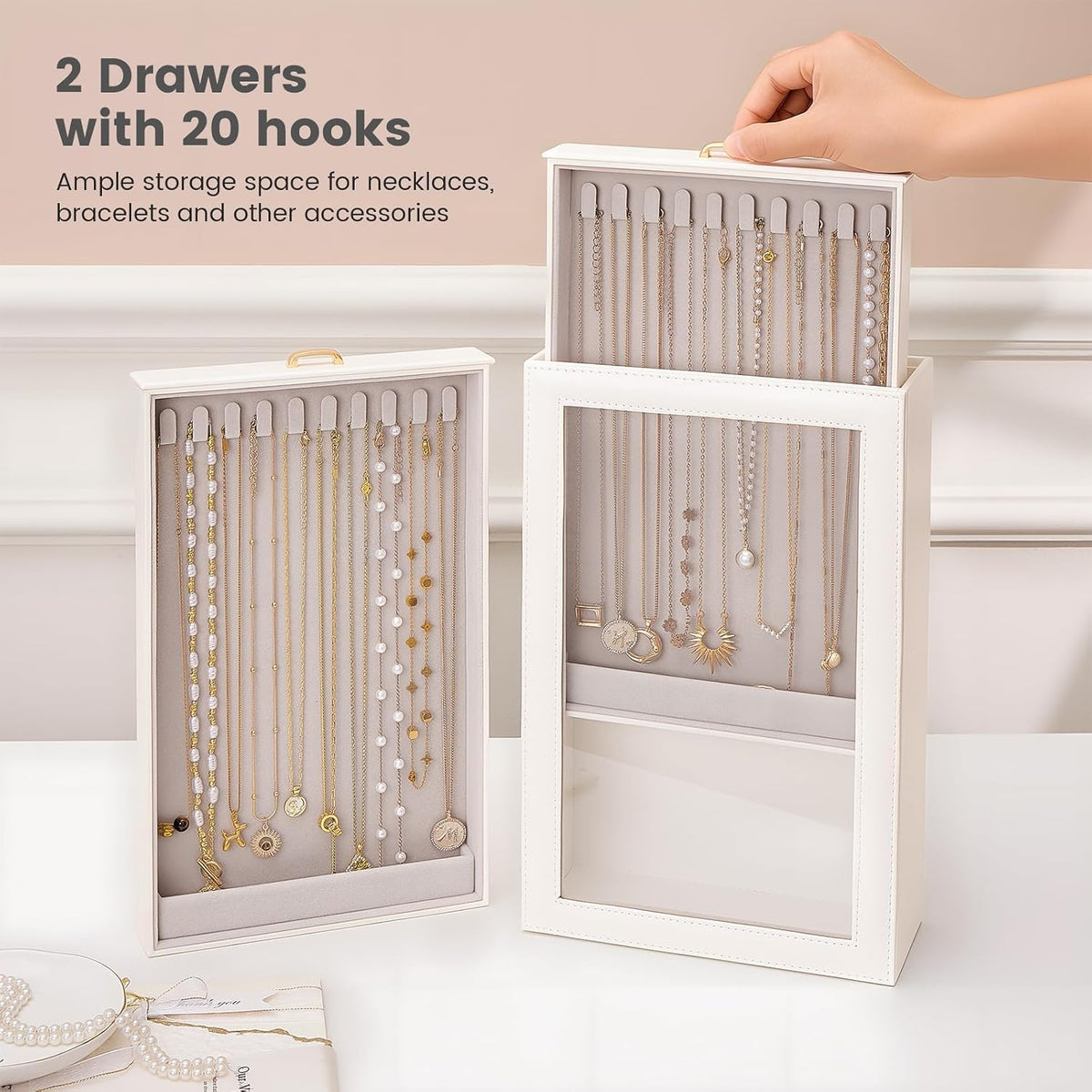 TERRIFI Necklace Organizer Box, Tangle Free Jewelry Storage Case with Clear Window and 20 Hooks, 2 Layer Necklace Bracelet Earring Display Holder for Women Girls Bedroom Dresser, White