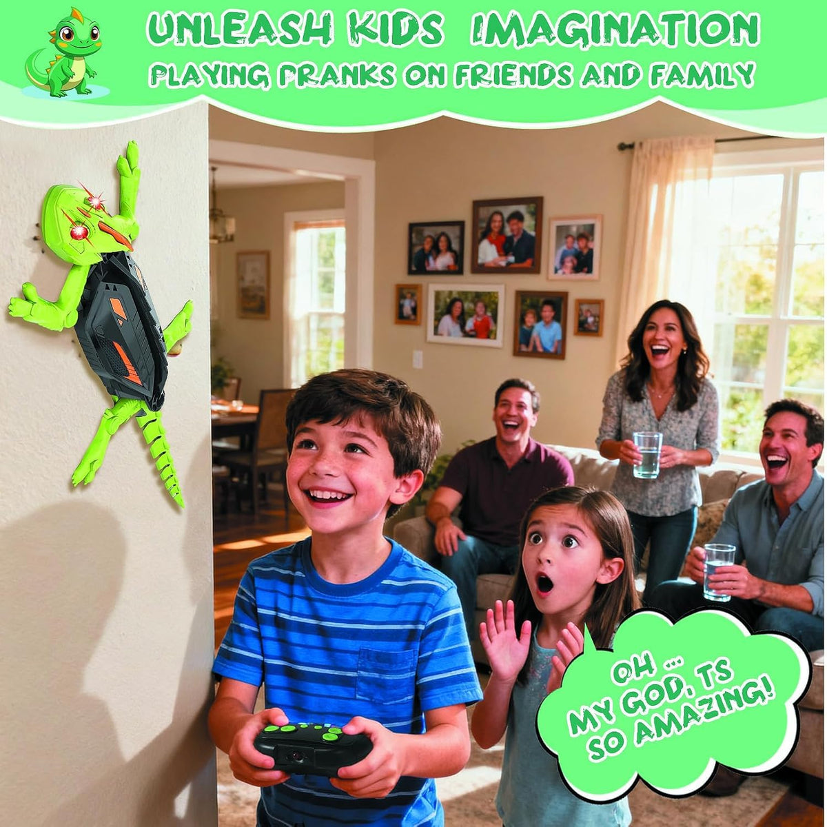 Wall Crawler Gecko, Electric Lizard Toy, Remote Control Crawling Gecko, Rechargeable Funny Prank Toy, for Adults, Indoor Walls, Ceilings, Family Fun, Parties, Office, Birthday Prank Games (Green)