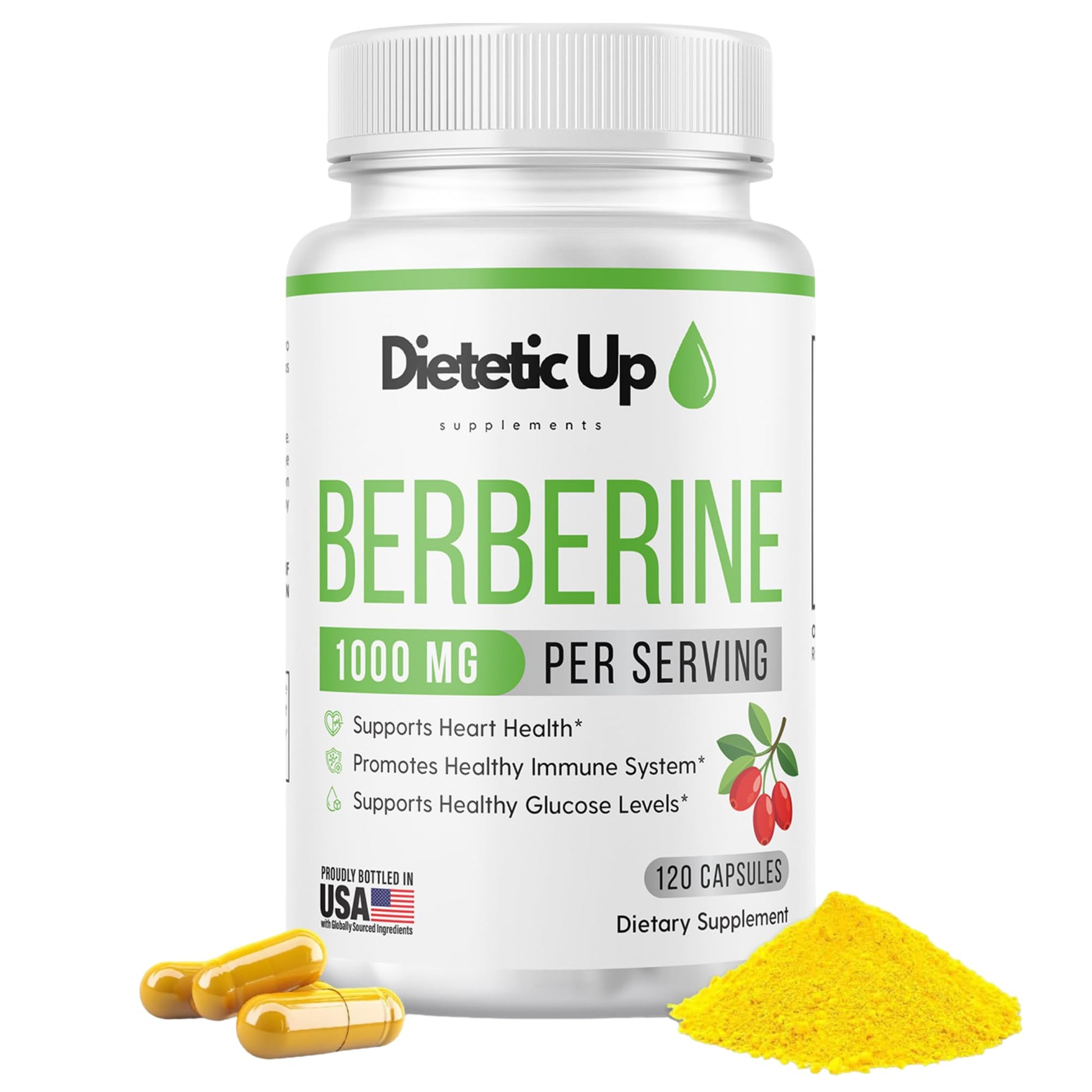 Dietetic Up Berberine 500mg HCL - 120 Capsules - USA Formulated - Third Party Lab Tested - Organic Supplement - Gluten Free - Vegan - Non GMO - 60 Days Supply - 1000mg per Serving - Medaid International