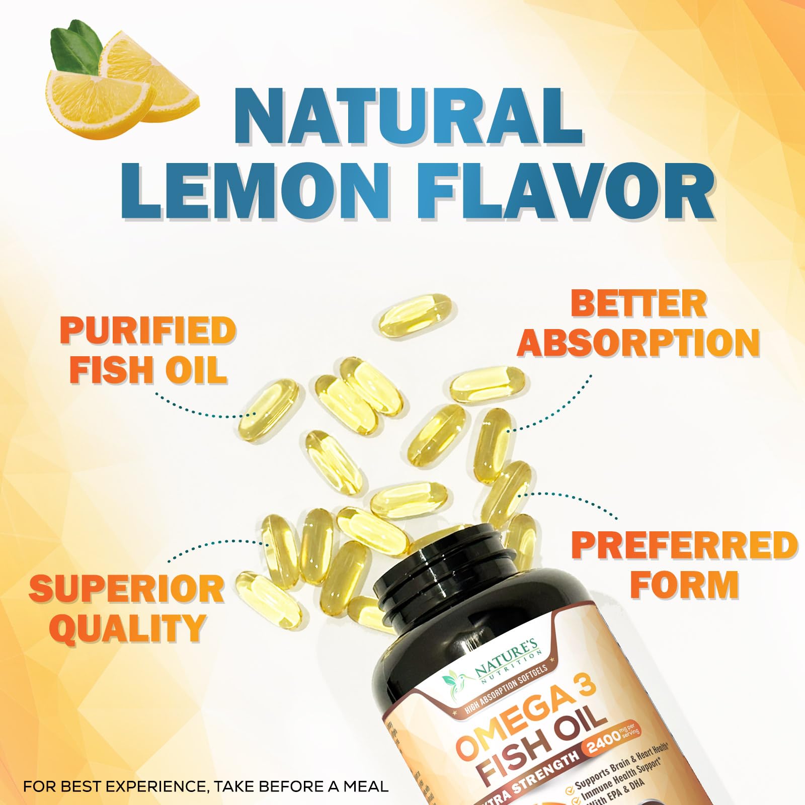 Omega 3 Fish Oil 2400 mg – Triple Strength EPA & DHA Fatty Acids for Heart, Brain & Joint Support – Wild-Caught, Burpless, Lemon Flavor Supplement – Natural, Non-GMO, Gluten-Free – 60 Softgels - Medaid International