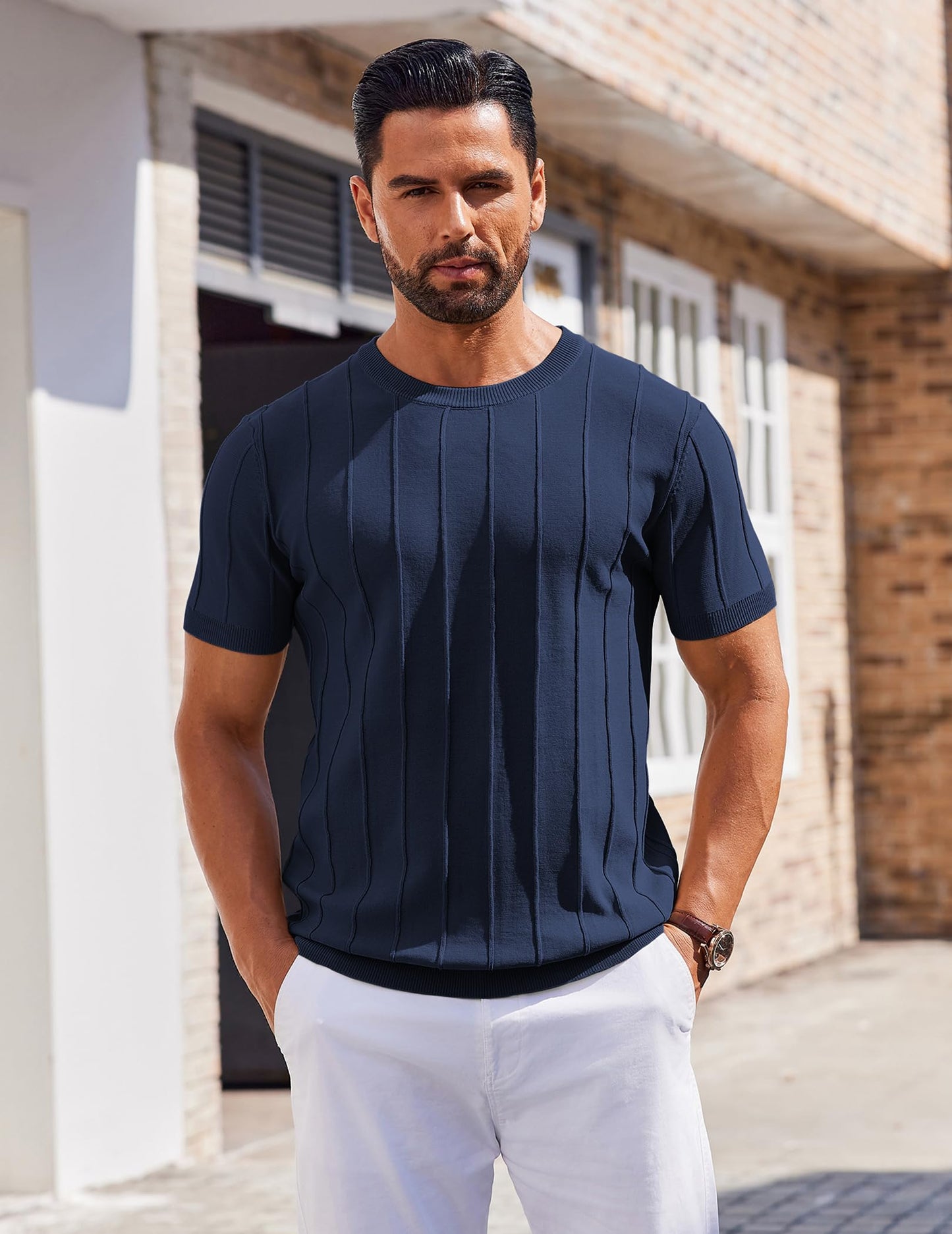 COOFANDY Mens Shirts Casual Short Sleeve Crewneck Sweater Knitted T Shirts Formal Summer Shirts Navy Blue - Medaid International