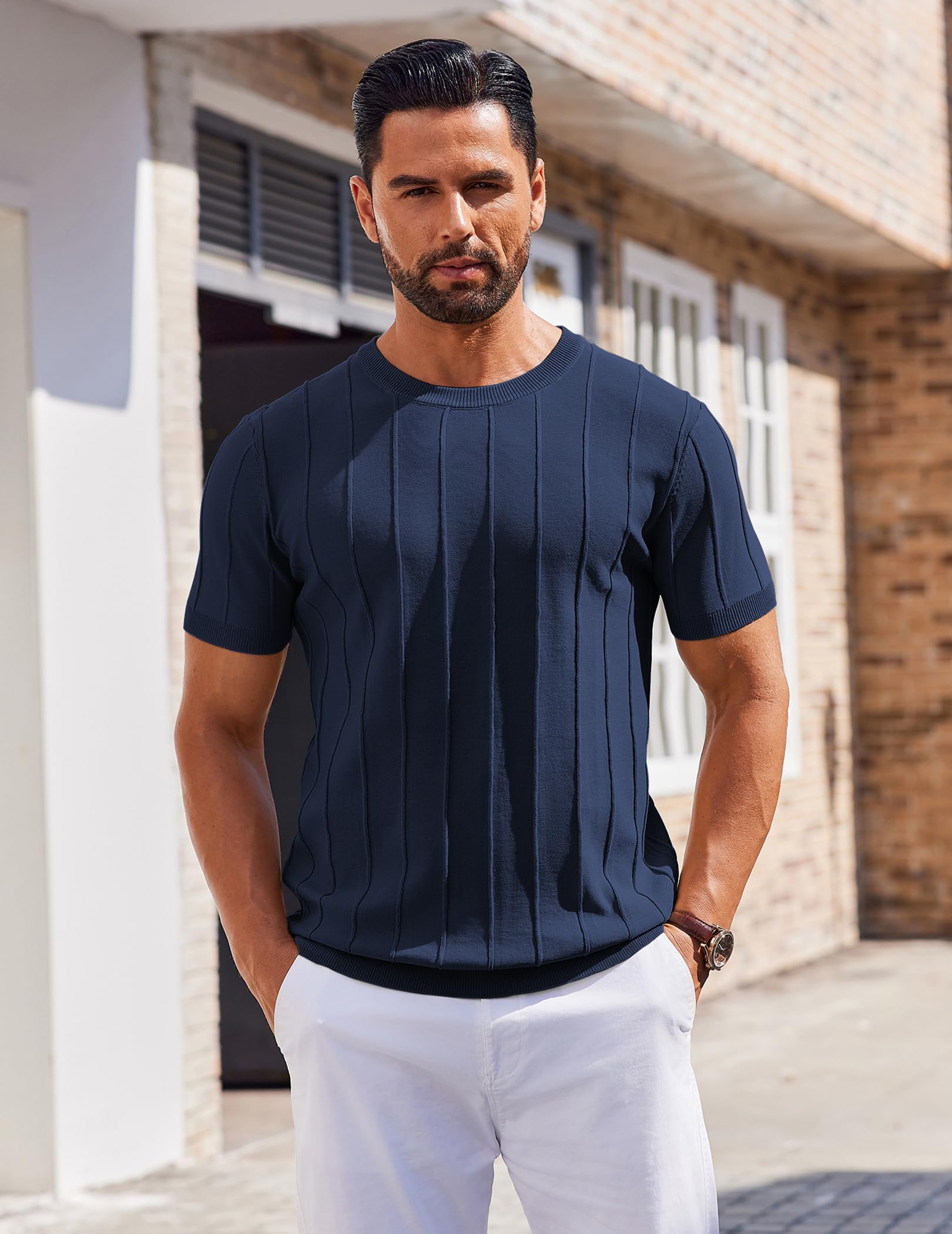 COOFANDY Mens Shirts Casual Short Sleeve Crewneck Sweater Knitted T Shirts Formal Summer Shirts Navy Blue - Medaid International