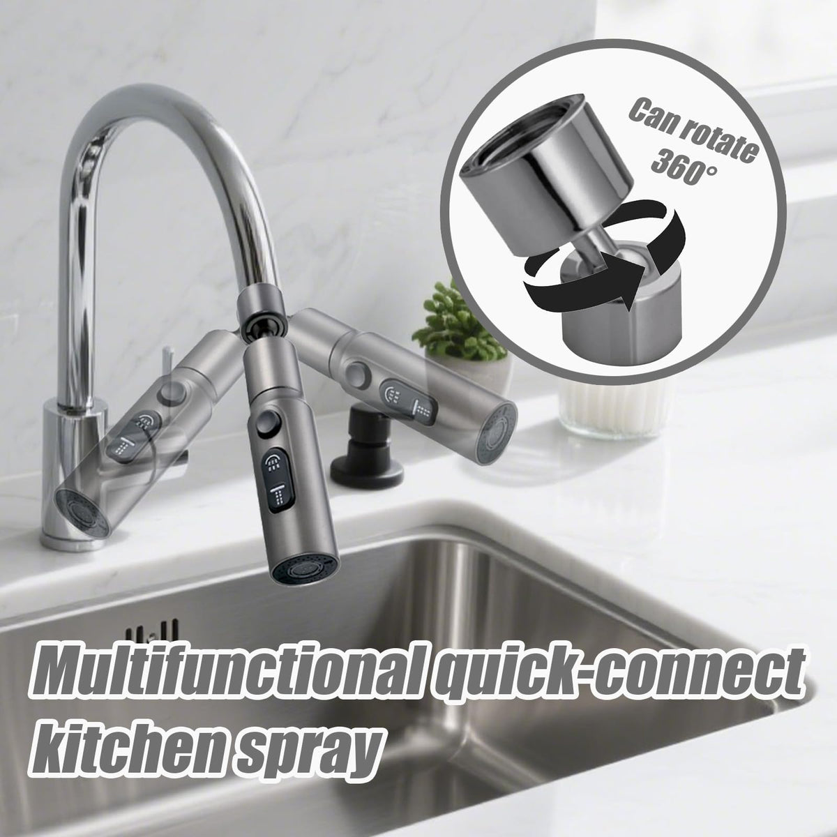 Kitchen Tap Spray Head Faucet Extender Aerator, 360° Swivel Sink Faucet Attachment with 3 Function Modes, Universal Adapter for Kitchen and Bathroom