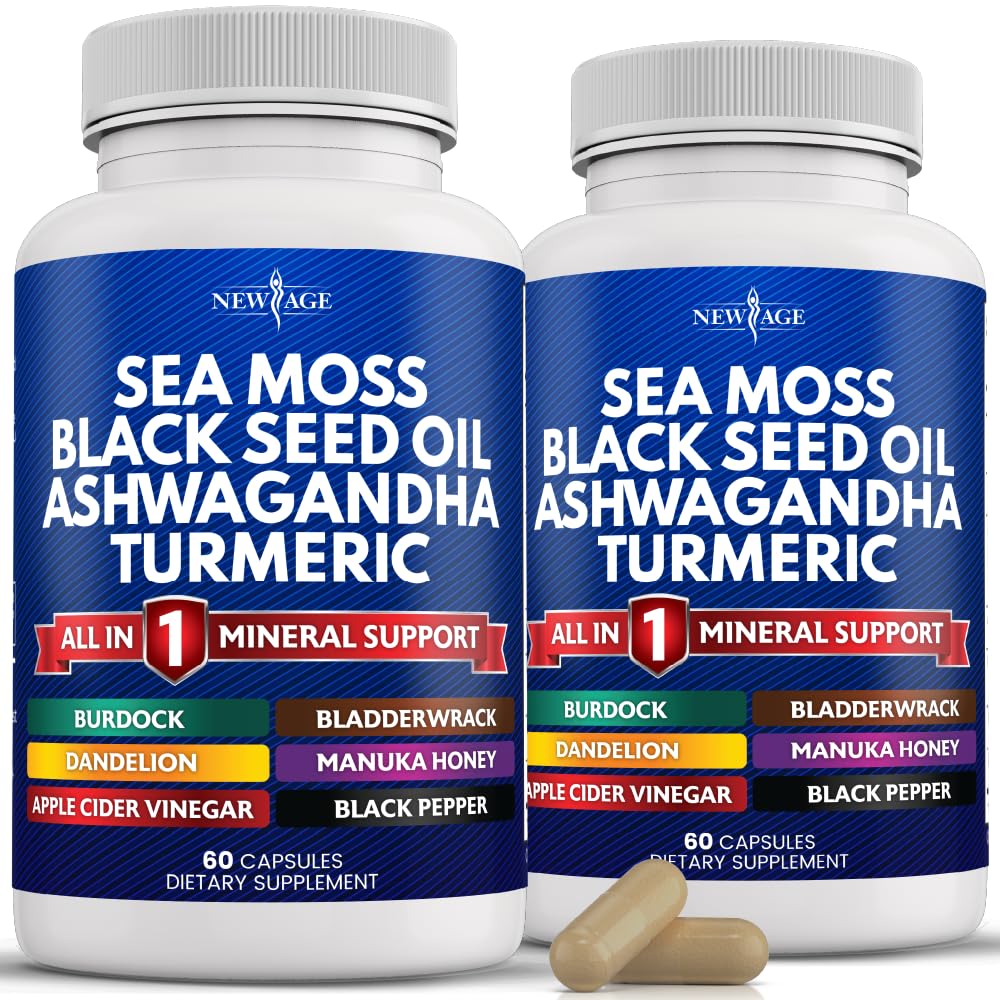 NEW AGE Sea Moss Capsules, Black Seed Oil Ashwagandha Turmeric Bladderwrack Burdock - with Manuka, Honey Dandelion, ACV Black Pepper Gluten Free - Medaid International