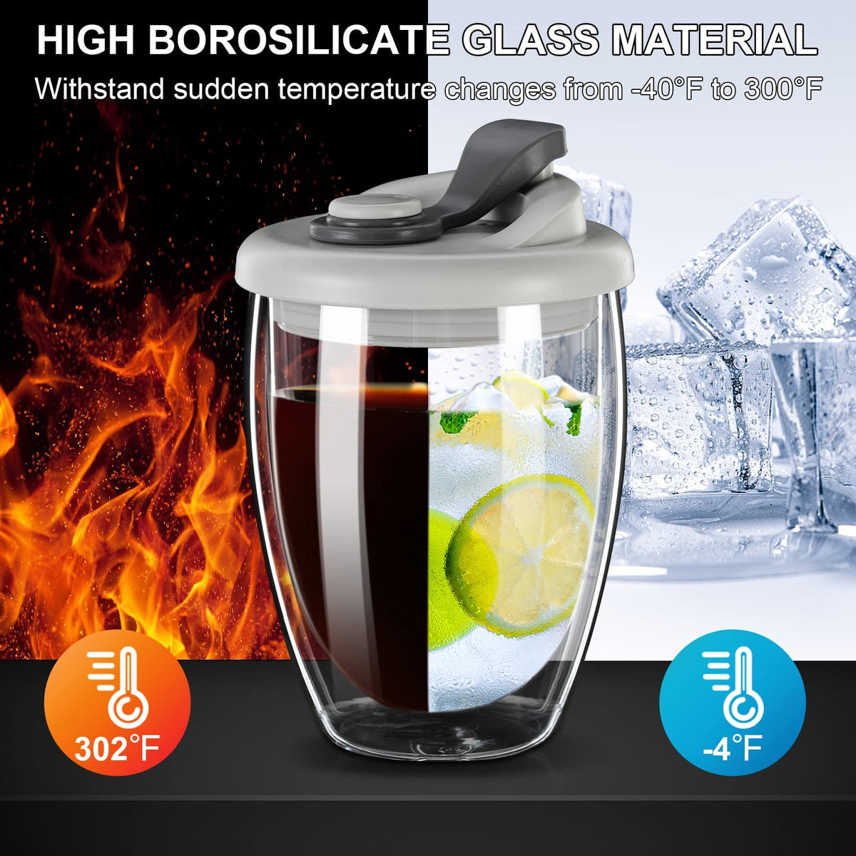 KASTWAVE Double Wall Glass Coffee Mug with Silicone Lid - 12oz Insulated Cup for Hot and Cold Drinks - High Borosilicate Glass Double Walled Cup for Travel and Home Use (Grey)