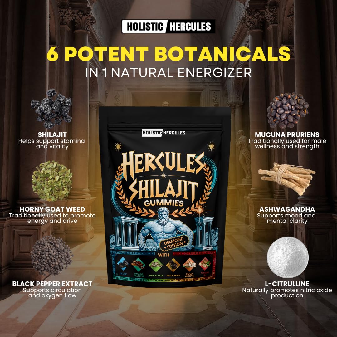 Holistic Hercules Himalayan Gold Shilajit Gummies with Ashwagandha Black Maca Tongkat Ali Panax Ginseng Mucuna | 100% Natural Organic | Vegan Non-GMO Sugar-Free (30) - Medaid International
