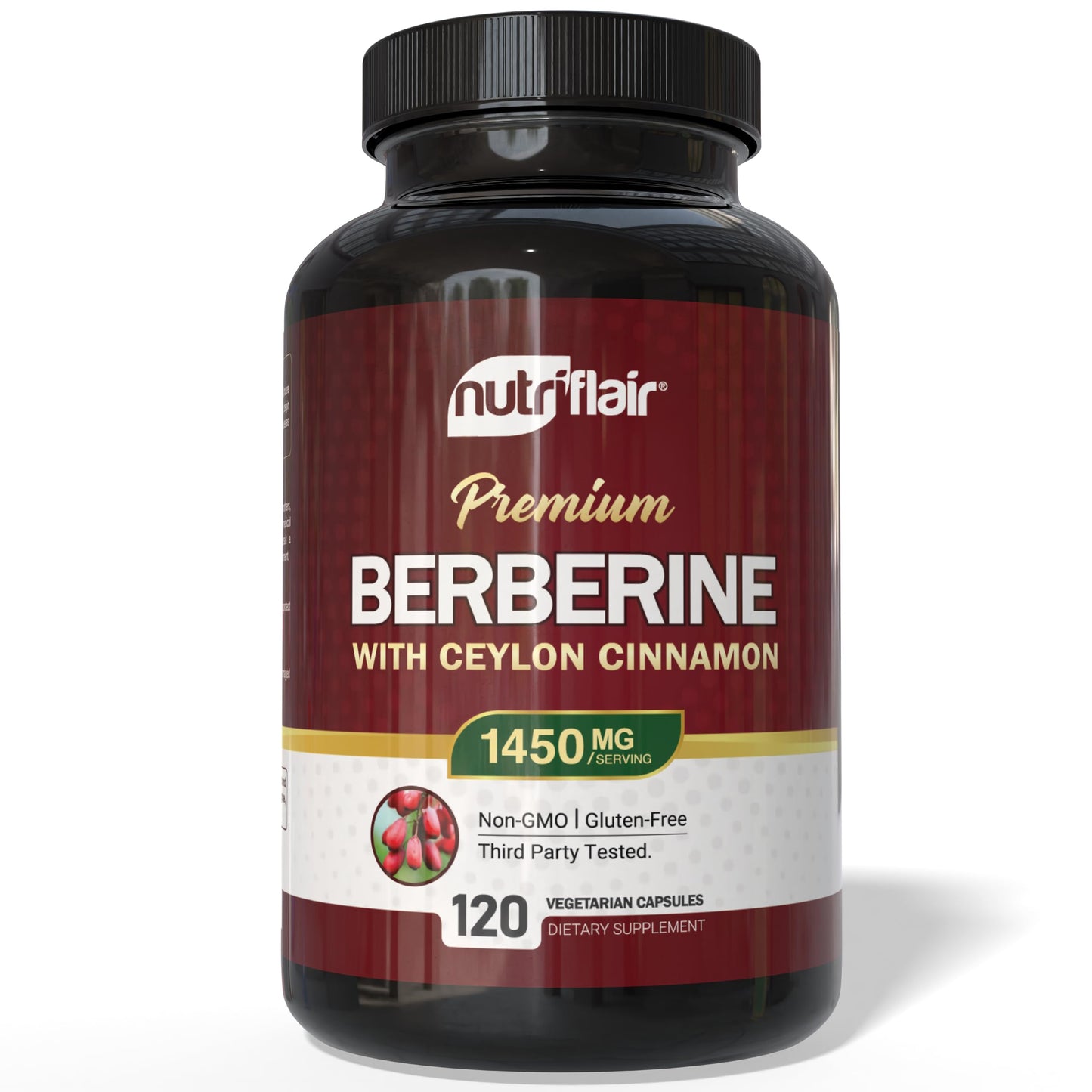 NutriFlair Berberine with Ceylon Cinnamon 1450mg Supplement – 120 Capsules | High Potency Formula with Berberine HCl & Organic Ceylon Cinnamon | Non-GMO, Vegan, Gluten-Free - Medaid International