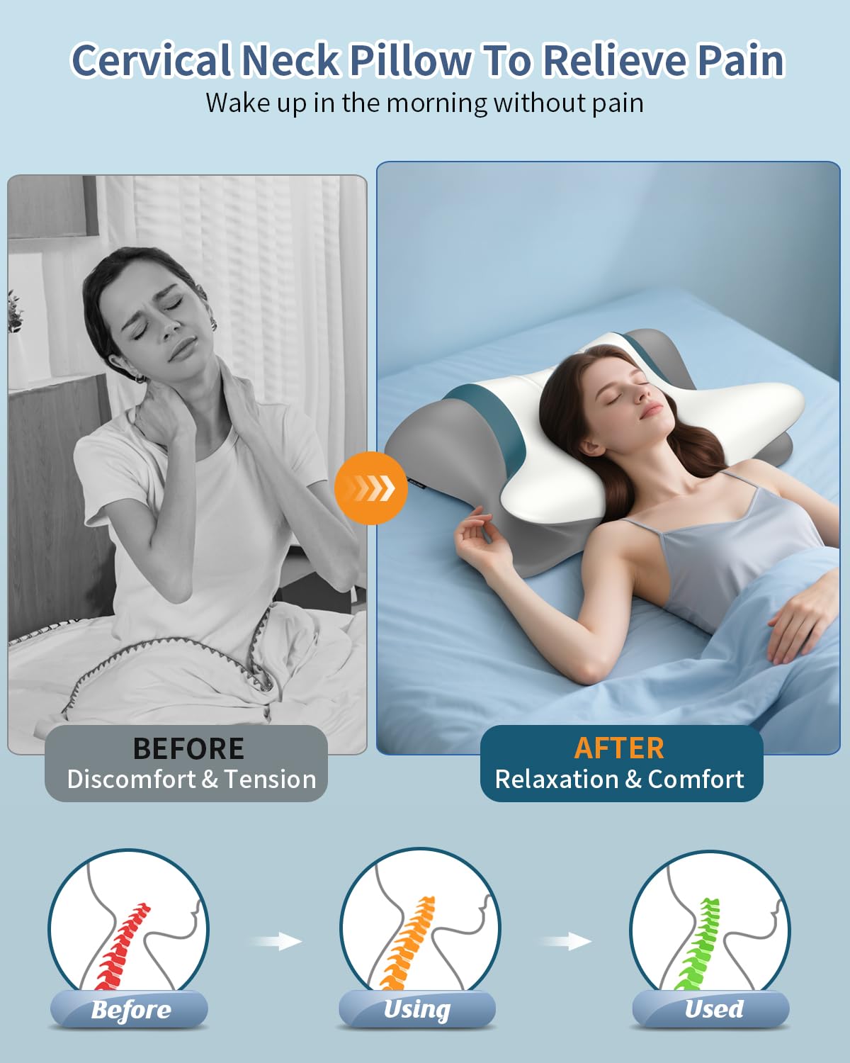 Cervical Neck Pillow for Pain Relief - Ergonomic Side Sleeper for Sleeping, Cooling Memory Foam Pillows for Neck Support, Contour Orthopedic Bed Pillow for Back Stomach Sleepers - Medaid International