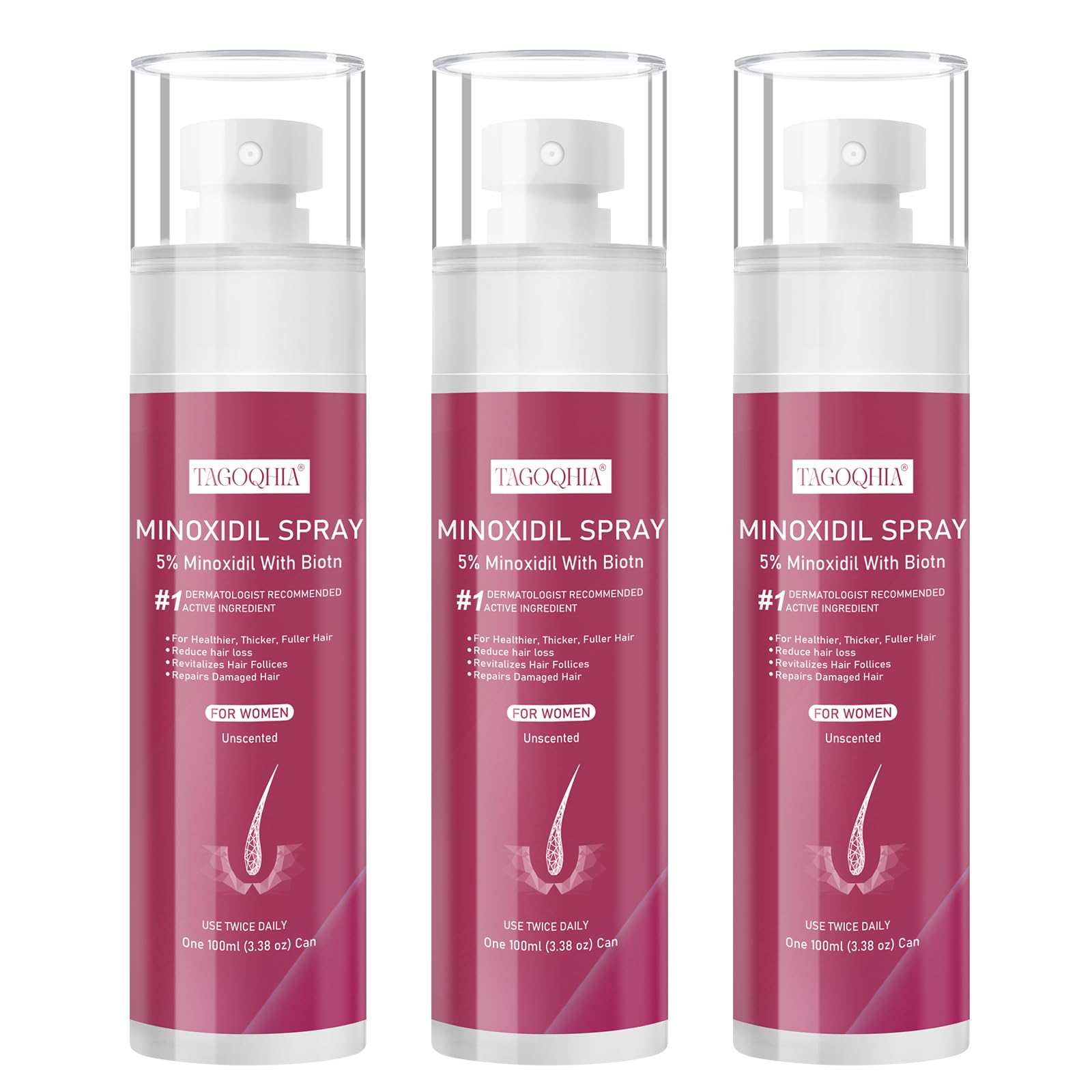 5% Minoxidil for Women Hair Regrowth Spray, hers hair regrowth treatment Infused with Biotin, Extra Strength Treatment to Combat Hair Loss and Thinning, 3 Bottles - Medaid International