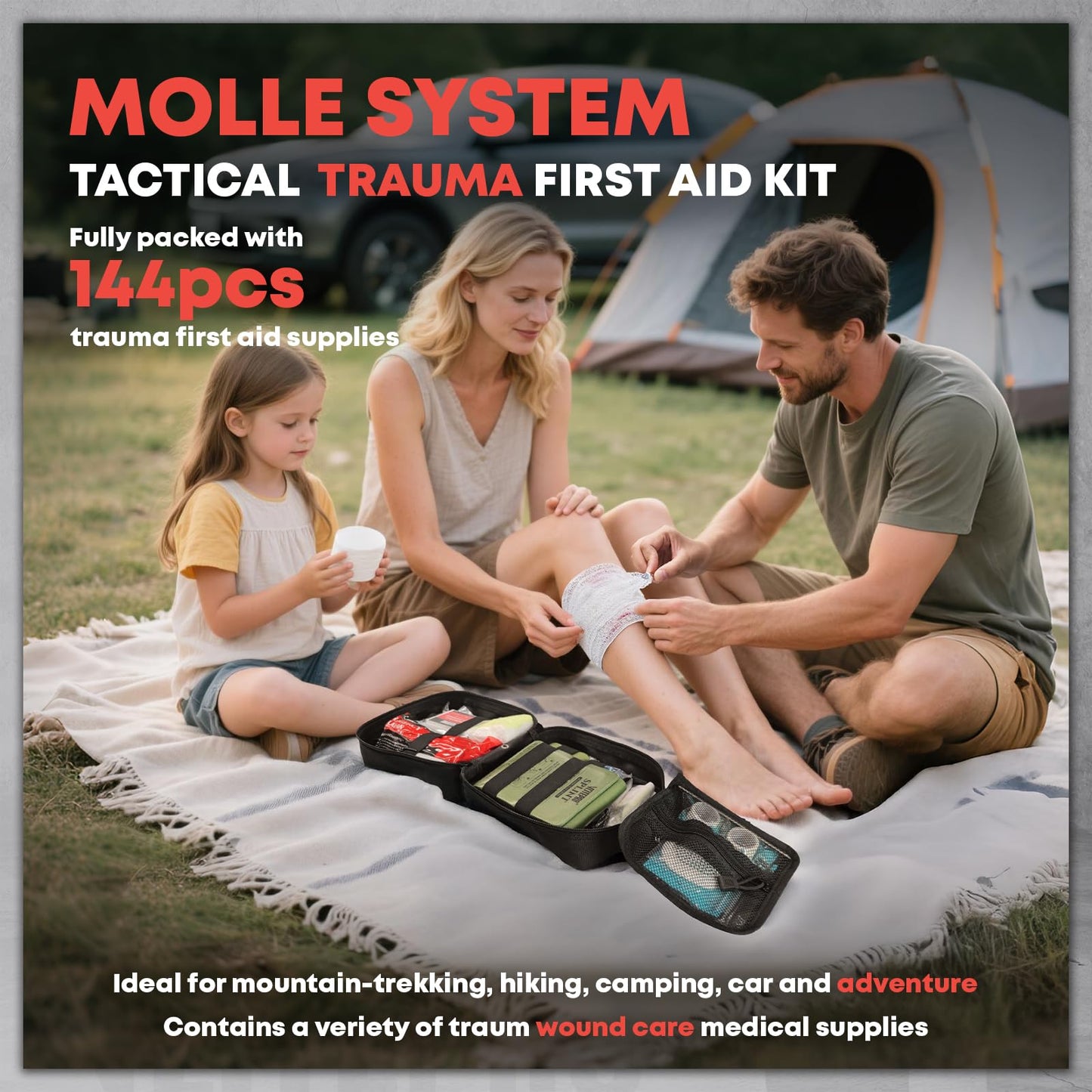 Advanced Trauma First Aid Kit - Emergency Camping Gear with Tourniquet Kit, Compression Bandage, 36" Splint | Portable Survival Gear for Outdoor, Home, Camping- Gift for Husband Dad and Wife-Black