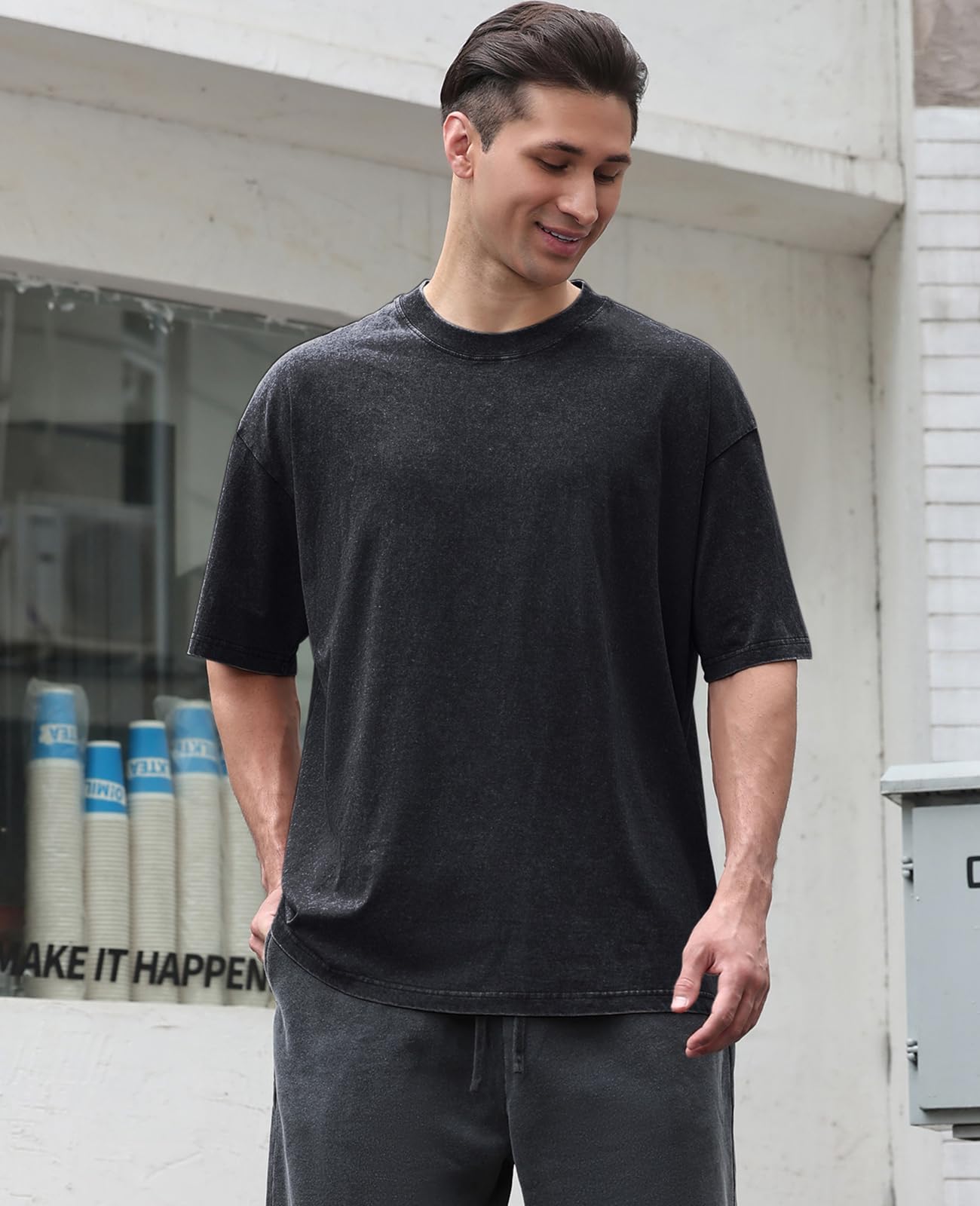 KEEPSHOWING Men's Cotton T-Shirts Oversized Unisex Short Sleeves Casual Loose Wash Solid Basic Tee Tops(A-Black M) - Medaid International