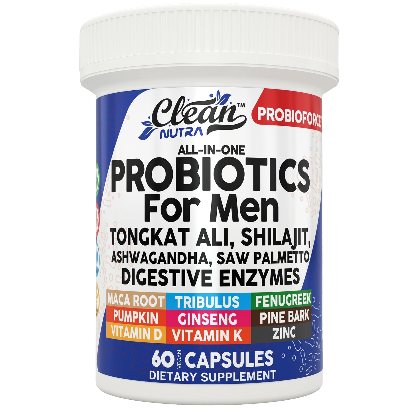 Clean Nutra Probiotics for Men | Tongkat Ali, Saw Palmetto, Tribulus, Ginseng, Ashwagandha, Maca, Pumpkin, Gingko Biloba, Pine Bark, Fenugreek, Shilajit, Zinc - Mens Probiotic 60 Capsules - Medaid International
