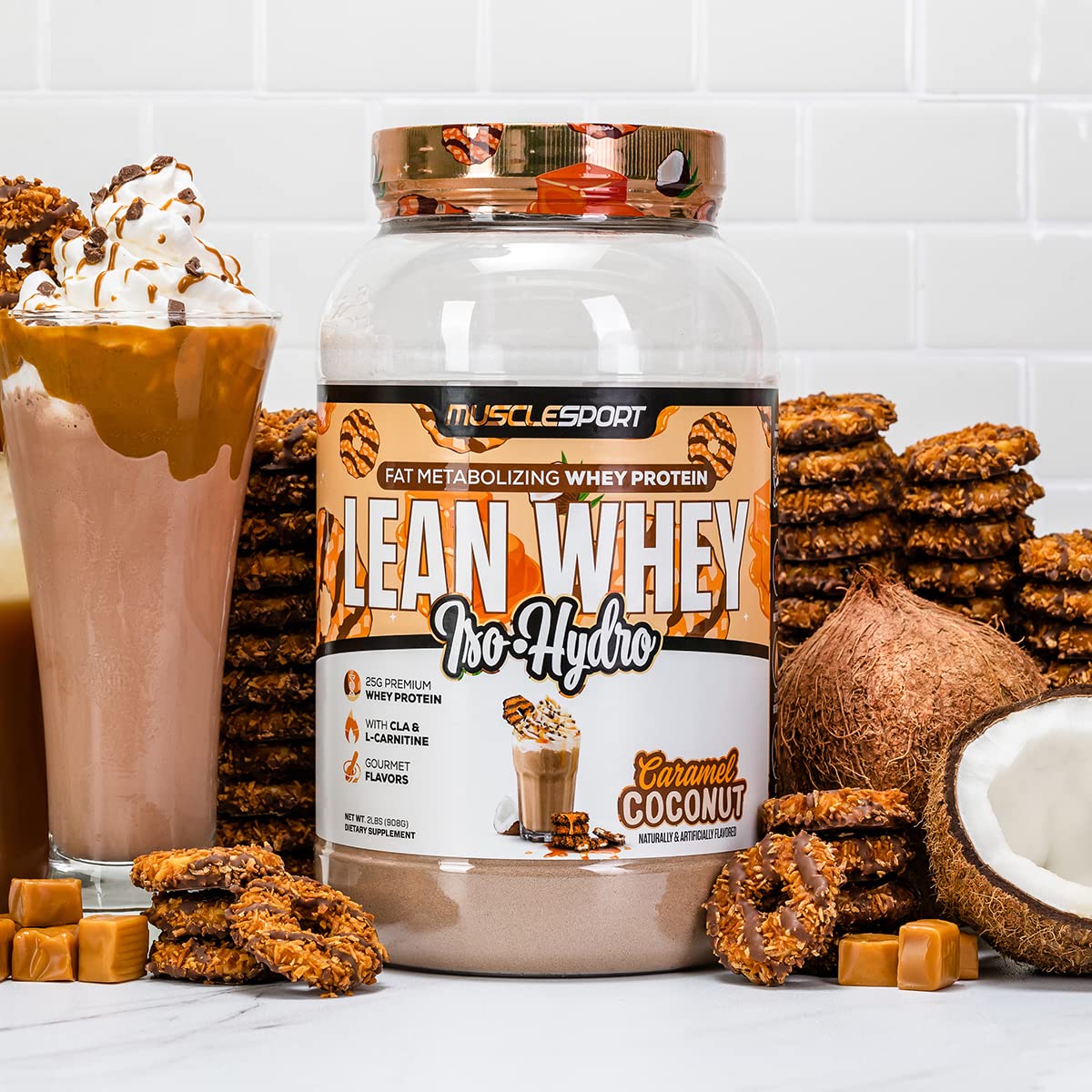 Musclesport Lean Whey Revolution™ Protein Powder - Whey Protein Isolate - Low Calorie, Low Carb, Low Fat, Incredible Flavors - 25g Protein per Scoop (2LB, Coconut Caramel) - Medaid International