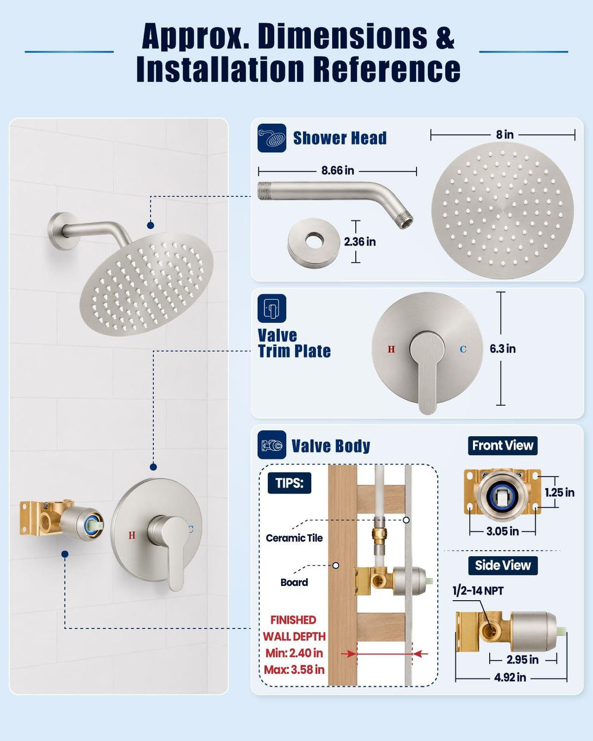 Heyalan Shower Faucet Set Brushed Nickel 8 Inch Round Showerhead Bathroom SUS304 Stainless Steel Rainfall Shower System Wall Mount Single Function Shower Trim Kit with Rough-in Valve 1 Handle