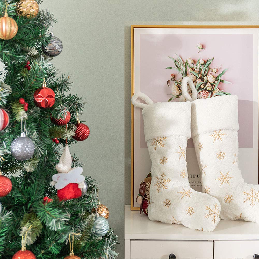 AtiMing 2pcs Plush Christmas Stockings White Faux Fur Large 56cm Deluxe Hanging Xmas Stockings with Gold Sequins Snowflake for Christmas Fireplace Decorations Socks (White-G, 22inches) - Medaid International