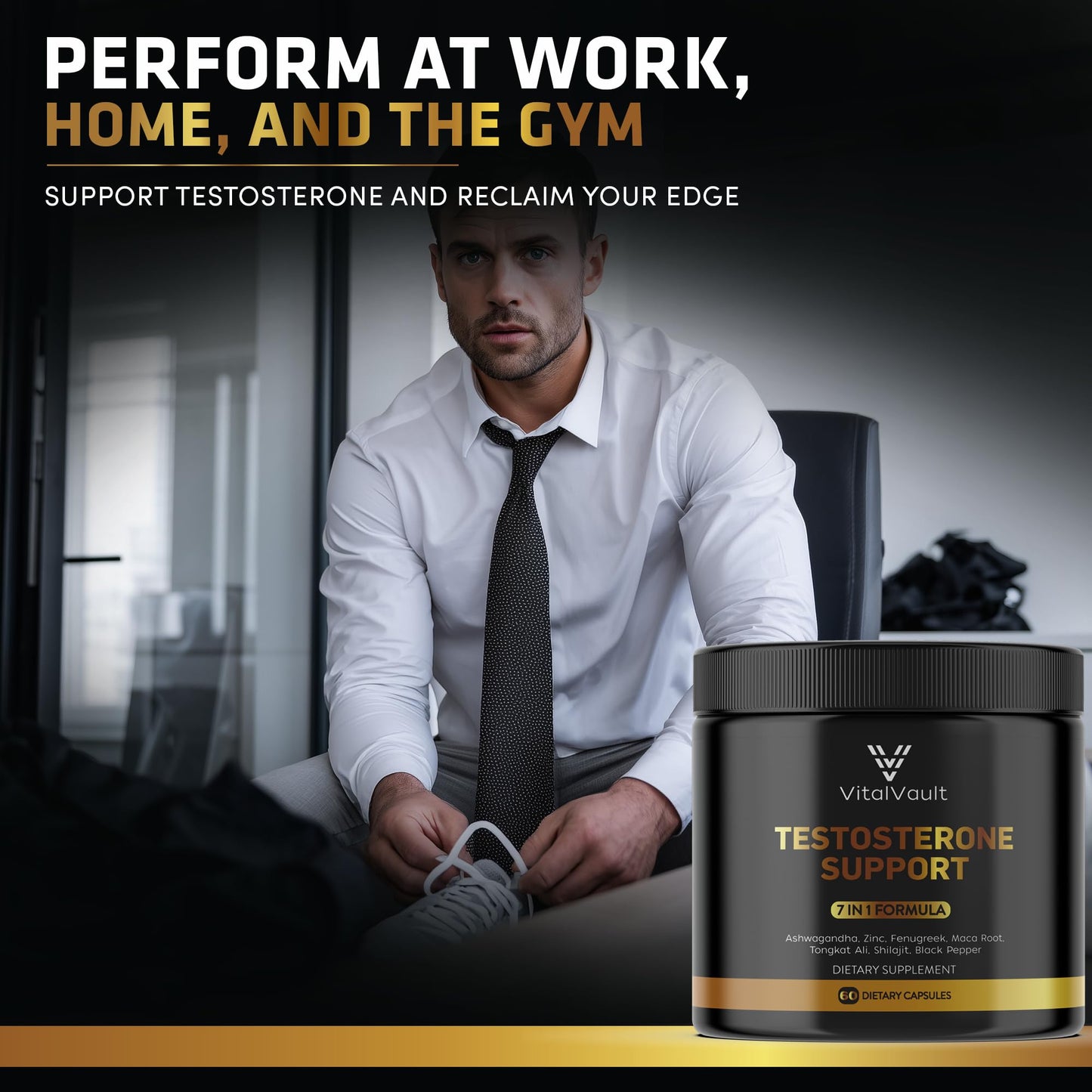 VitalVault 7-in-1 Testosterone & Strength Support - Natural Supplement for Men with Ashwaganda, Shilajit, Fenugreek, Maca Root, Tongkat Ali, Black Pepper & Zinc - 1 Month Supply (60 caps) - Medaid International