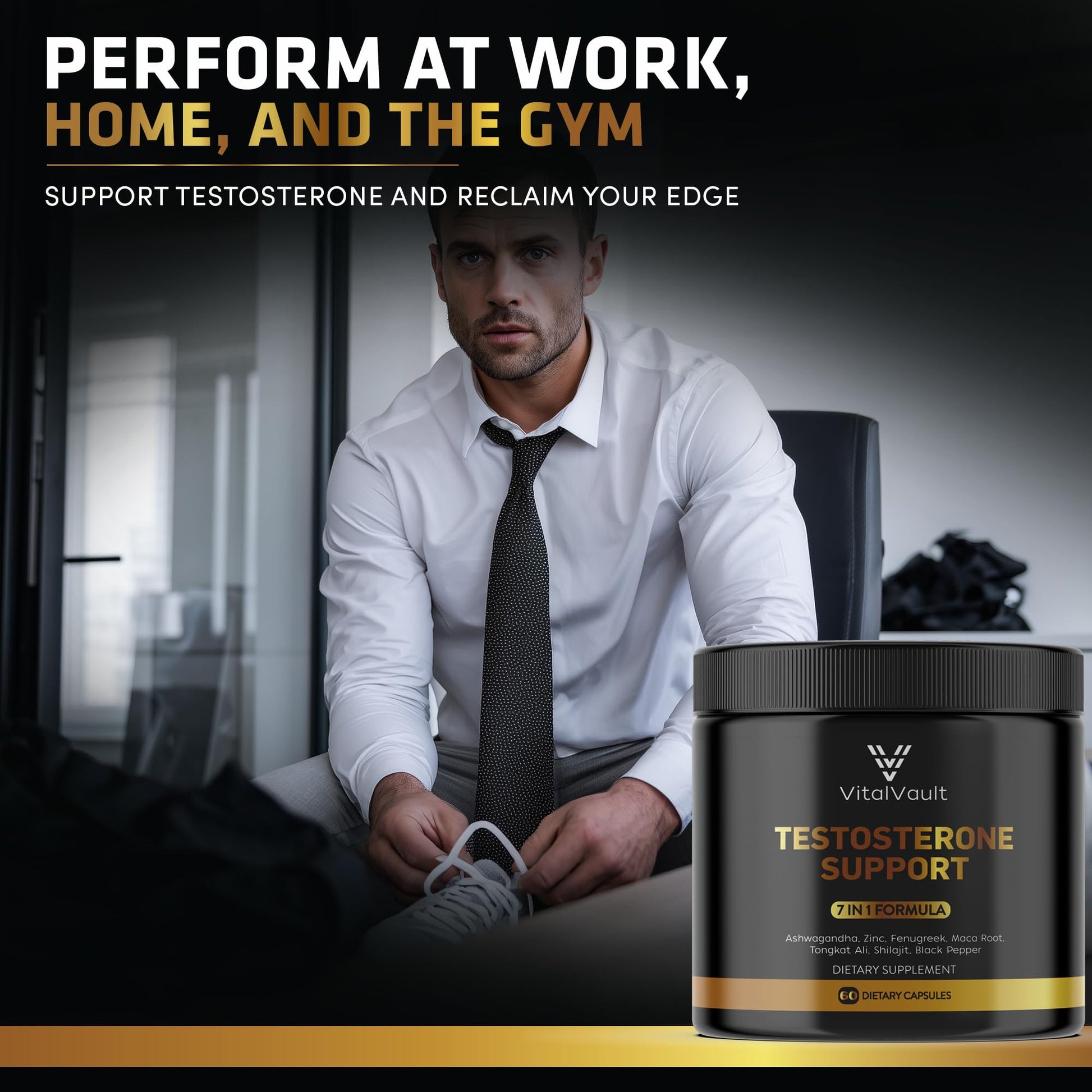 VitalVault 7-in-1 Testosterone & Strength Support - Natural Supplement for Men with Ashwaganda, Shilajit, Fenugreek, Maca Root, Tongkat Ali, Black Pepper & Zinc - 1 Month Supply (60 caps) - Medaid International