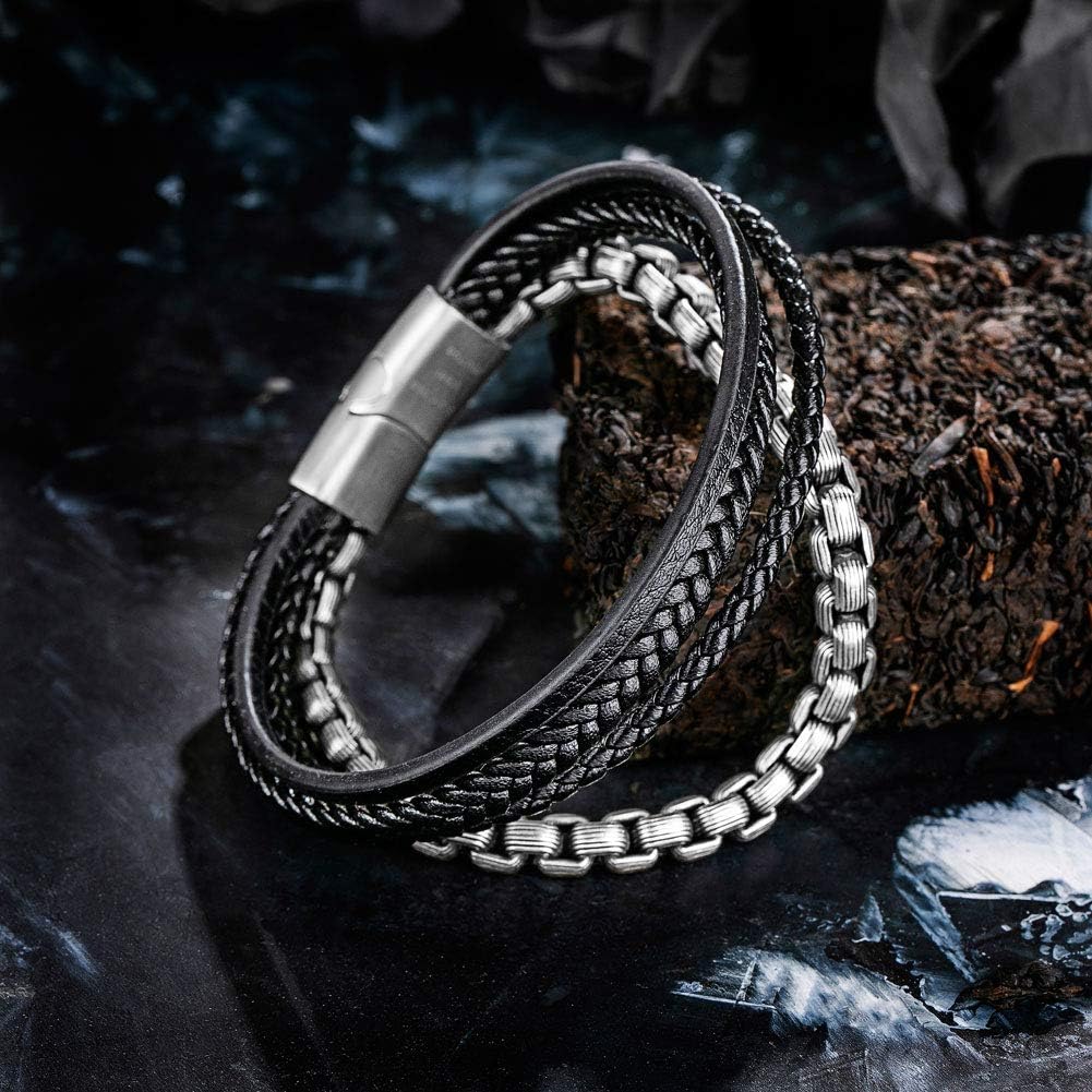 KASTWAVE Mens Bracelets, Adjustable Mens Leather Bracelet, Leather and Steel Bracelets, Chain Bracelets with Clasp, Steel Bracelets for Men