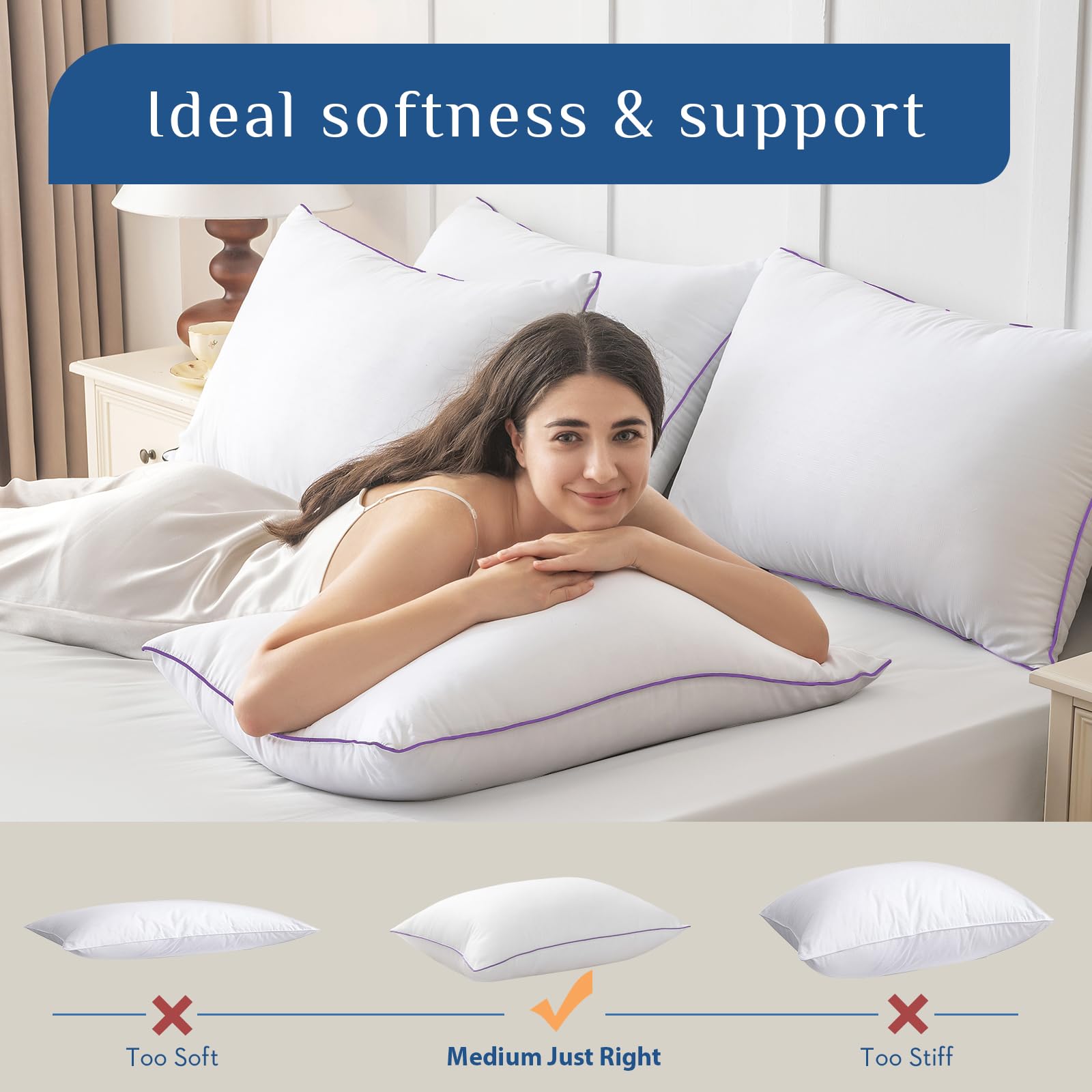 JOLLYVOGUE Pillows Queen Size Set of 2, Medium Supportive Bed Pillows with Super Soft Down Alternative Fill, Luxury Fluffy Hotel Quality for Side, Back, and Stomach Sleepers - Medaid International