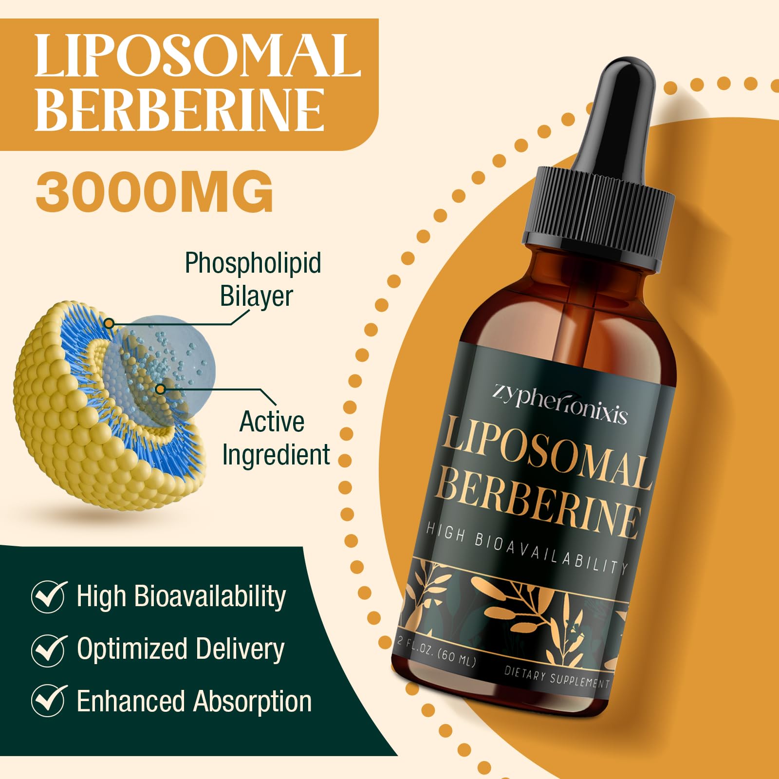 Zypherionixis Liposomal Berberine HCL Supplement Liquid 3000mg - High Absorption Berberine Drops with Ceylon Cinnamon - 12-in-1 Formula AMPK Activator, Sugar Free - 4 fl oz - Medaid International