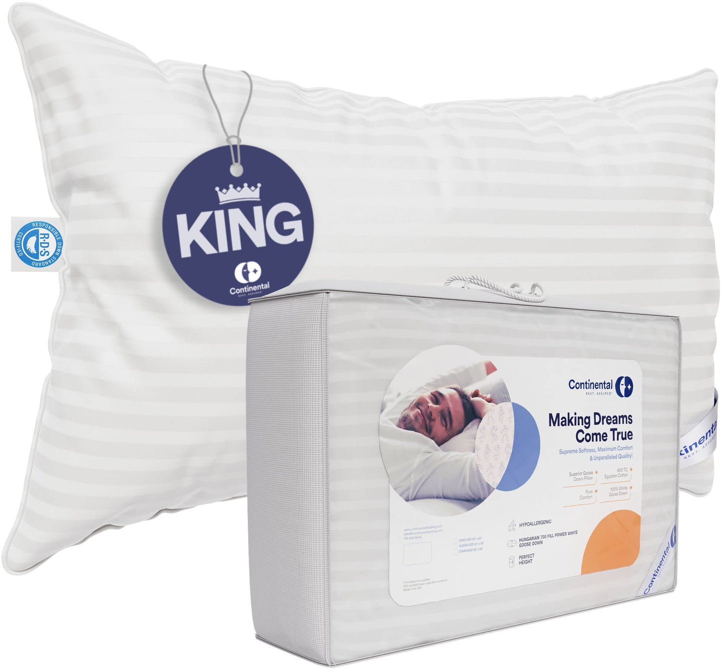 Continental Bedding | Serenity Goose Down Pillow | 700 Fill Power Hungarian White Down | 400TC Cotton Damask Shell | Made in USA | Medium, King (Pack of 1) - Medaid International
