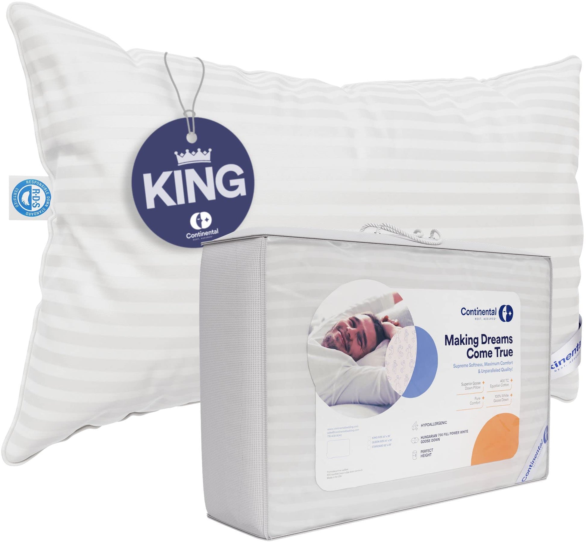 Continental Bedding | Serenity Goose Down Pillow | 700 Fill Power Hungarian White Down | 400TC Cotton Damask Shell | Made in USA | Medium, King (Pack of 1) - Medaid International