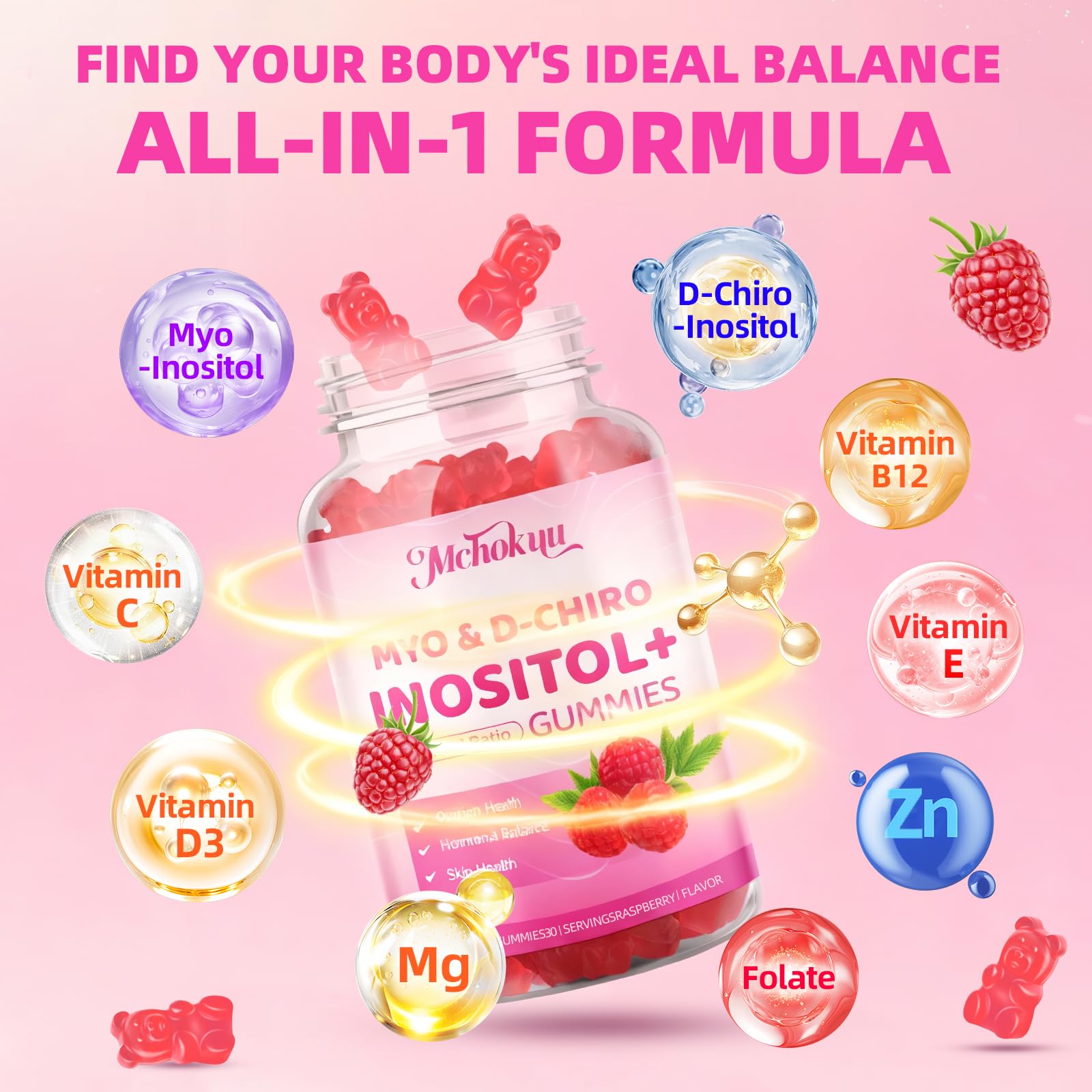 Mchokuu Myo-Inositol & D-Chiro Inositol Gummies, Ideal 40:1 Ratio Supplement for Women 2000mg 50mg with Vitamin D3 B12 for Hormonal Balance & Ovarian Health, Sugar Free, Raspberry Flavor, 60 Count - Medaid International