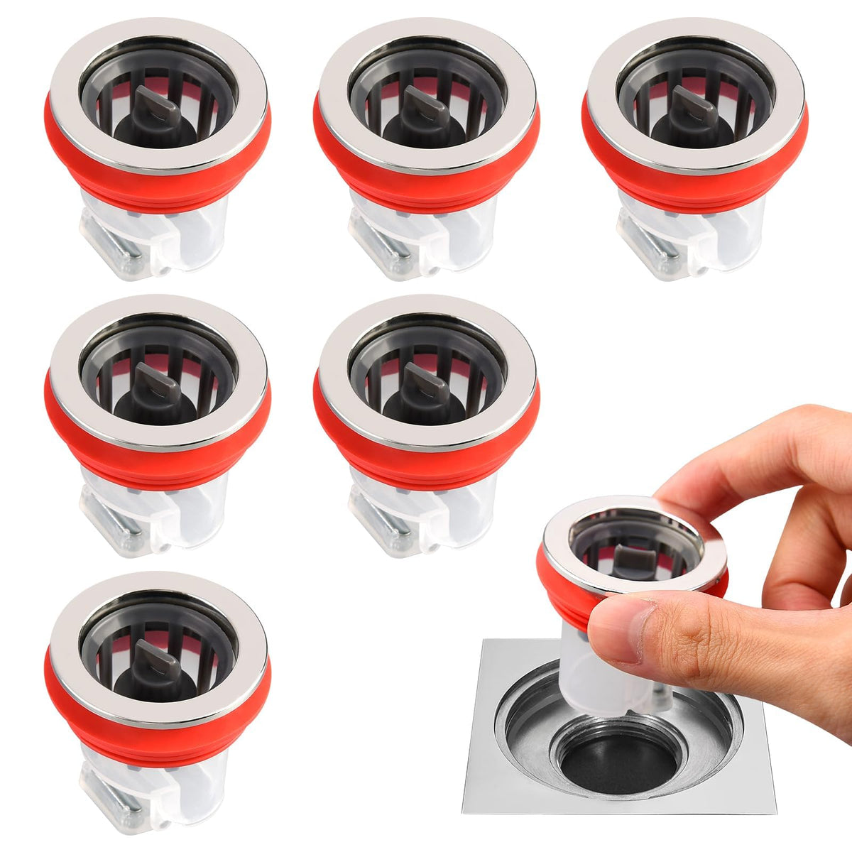 TERRIFI 6-Pack Anti-Odor Floor Drains, One-Way Anti-Clog & Anti-Backflow, Ideal for Shower, Bathroom & Kitchen Drainage Prevent Odor Dispersion Enhancement(Red)